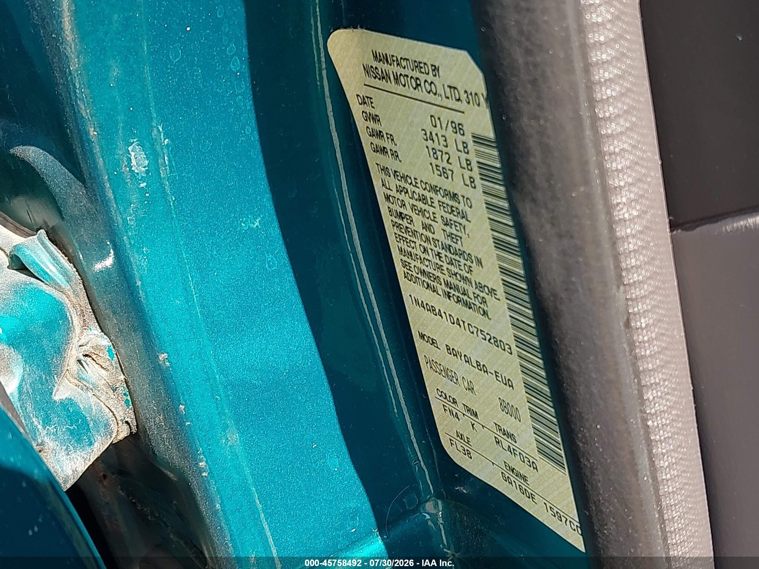1996 Nissan Sentra E/xe/gxe/gle Teal vin: 1N4AB41D4TC752803