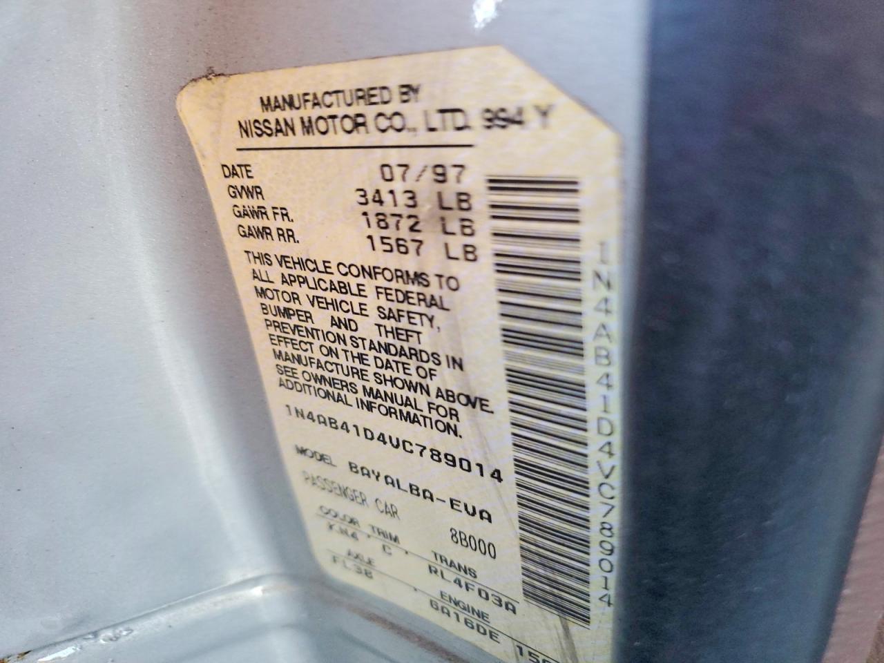 1997 Nissan Sentra Base Gray vin: 1N4AB41D4VC789014