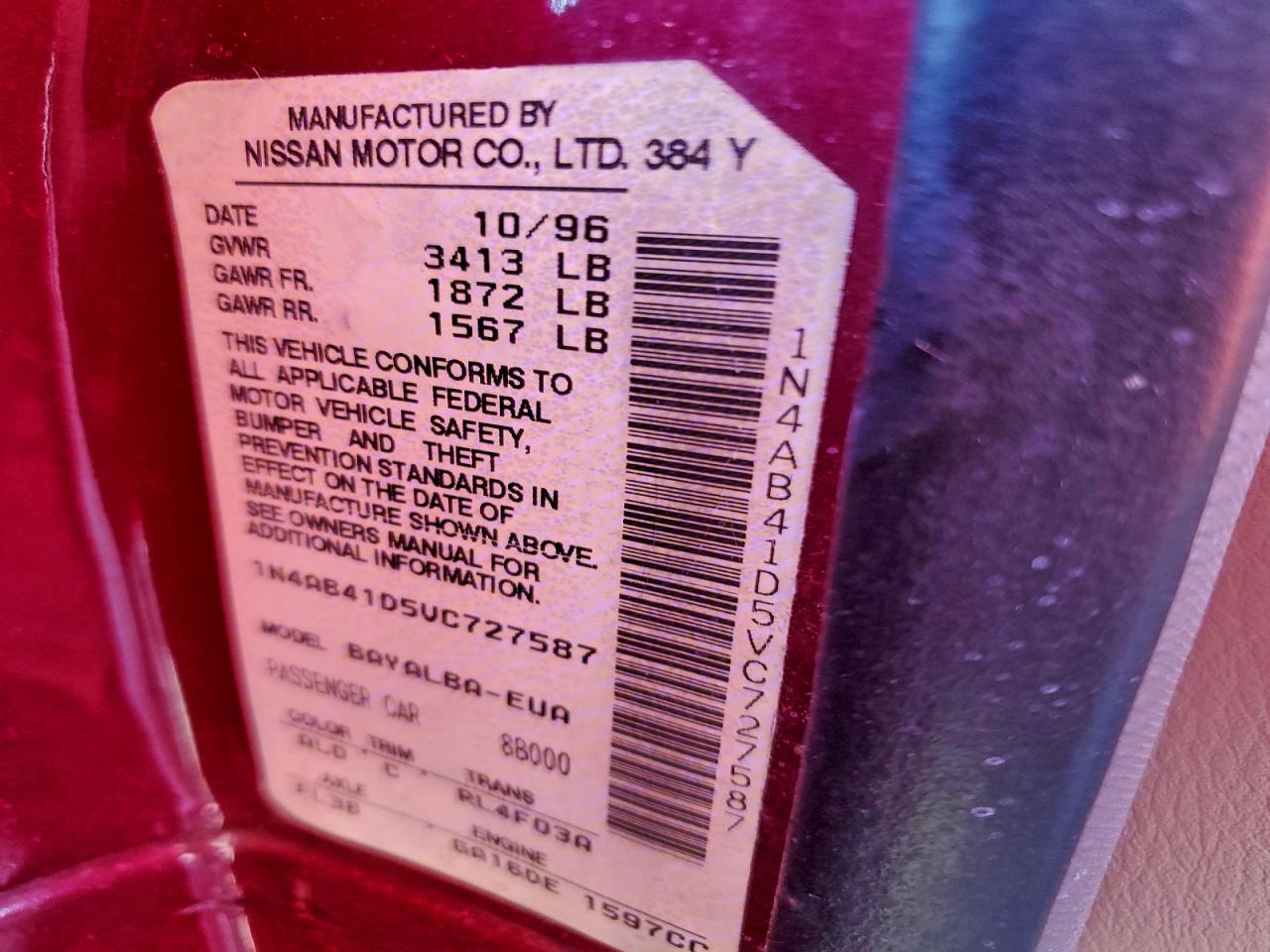 1997 Nissan Sentra Base Burgundy vin: 1N4AB41D5VC727587