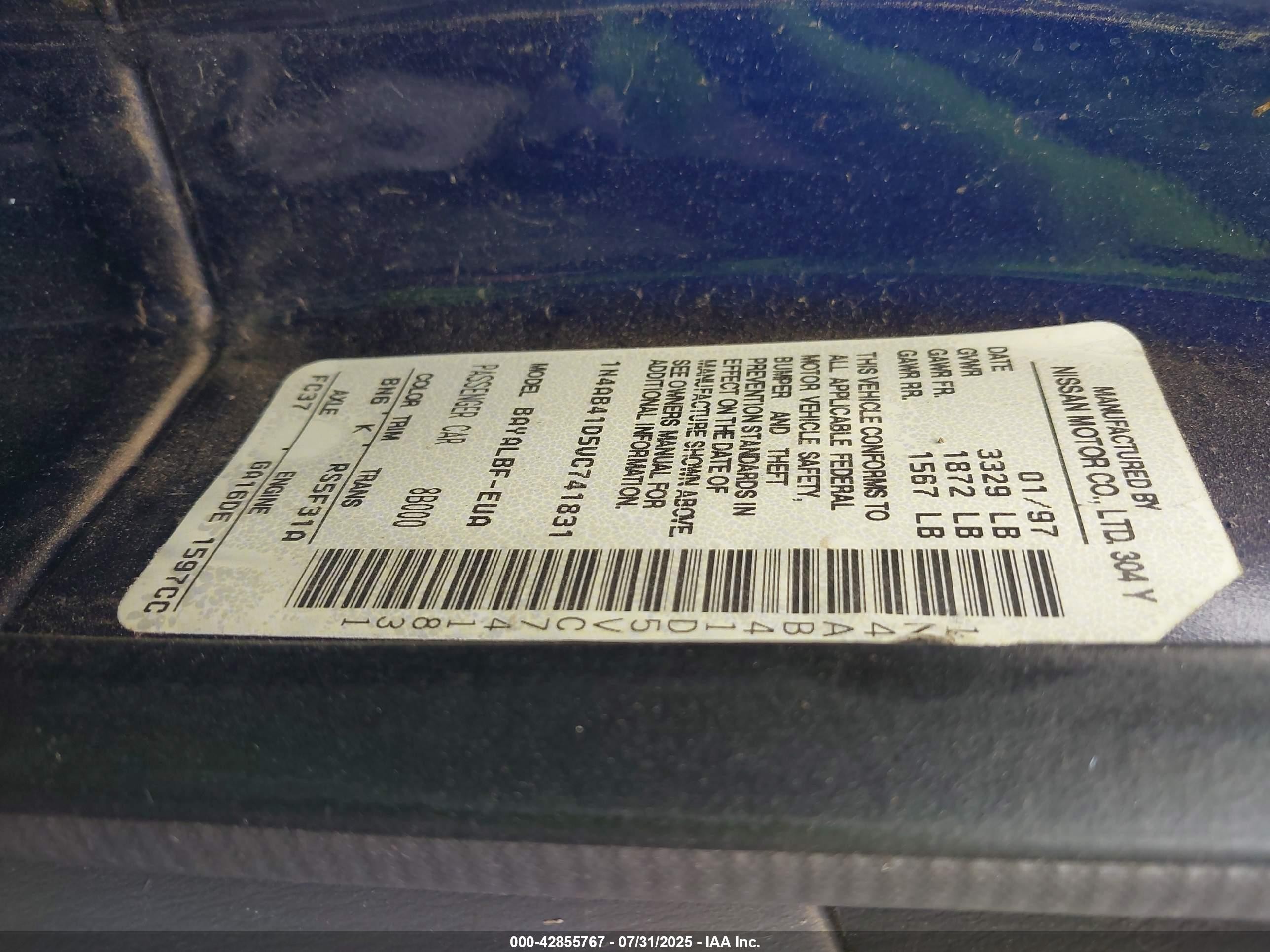 1997 Nissan Sentra Gle/gxe/xe Blue vin: 1N4AB41D5VC741831