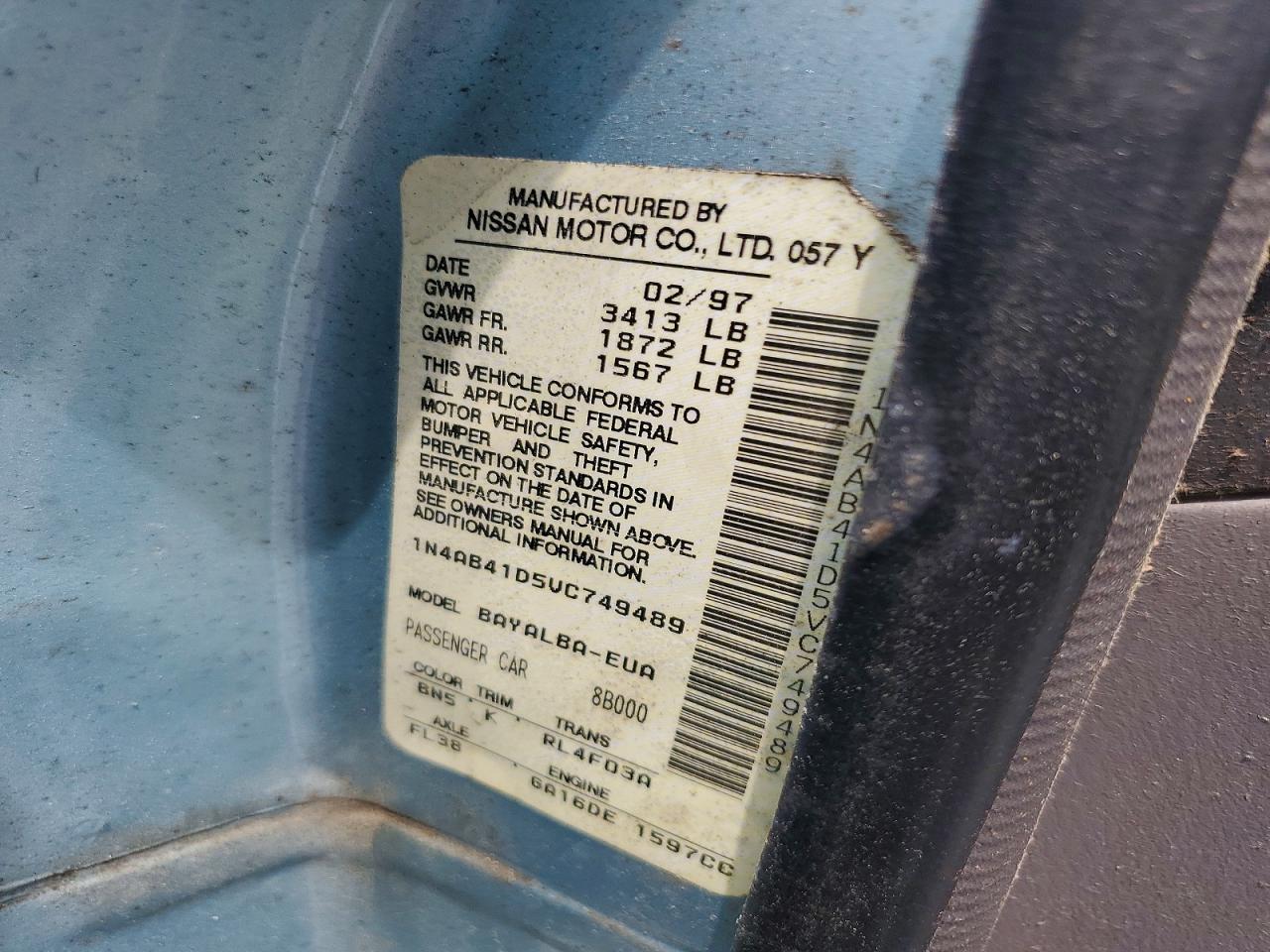 1997 Nissan Sentra Base Blue vin: 1N4AB41D5VC749489