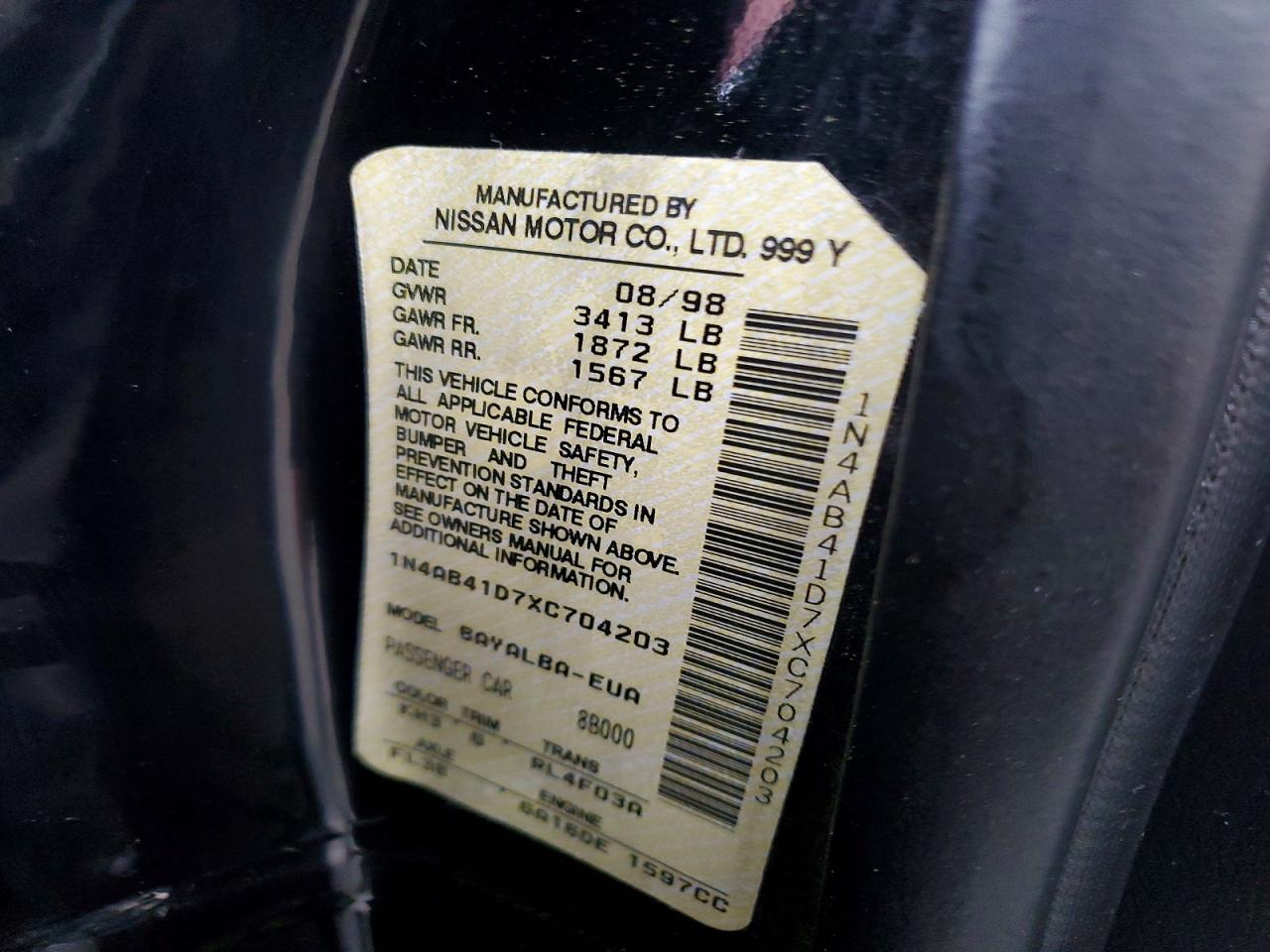 1999 Nissan Sentra Xe Black vin: 1N4AB41D7XC704203