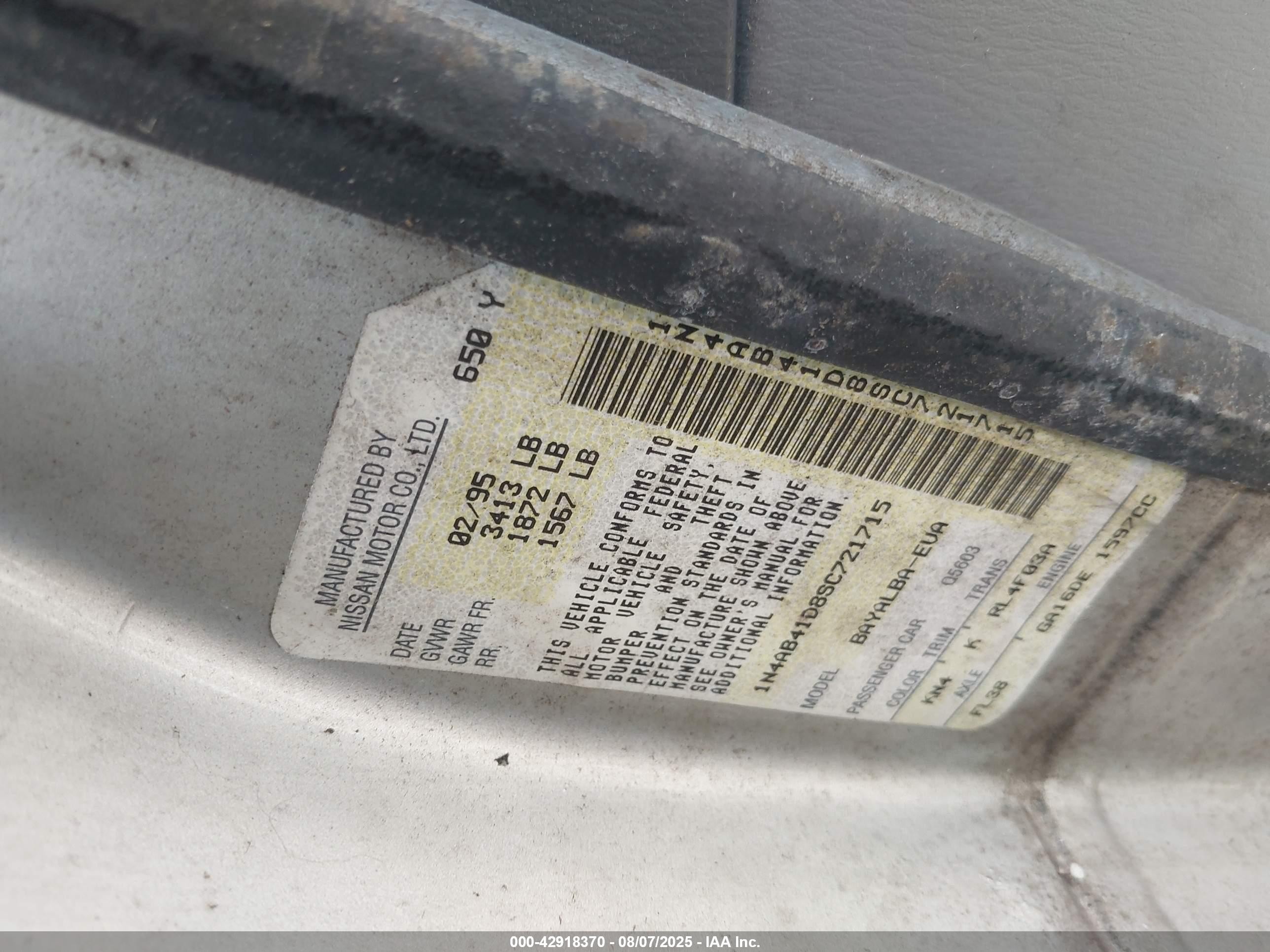 1995 Nissan Sentra Xe/gxe/gle Silver vin: 1N4AB41D8SC721715