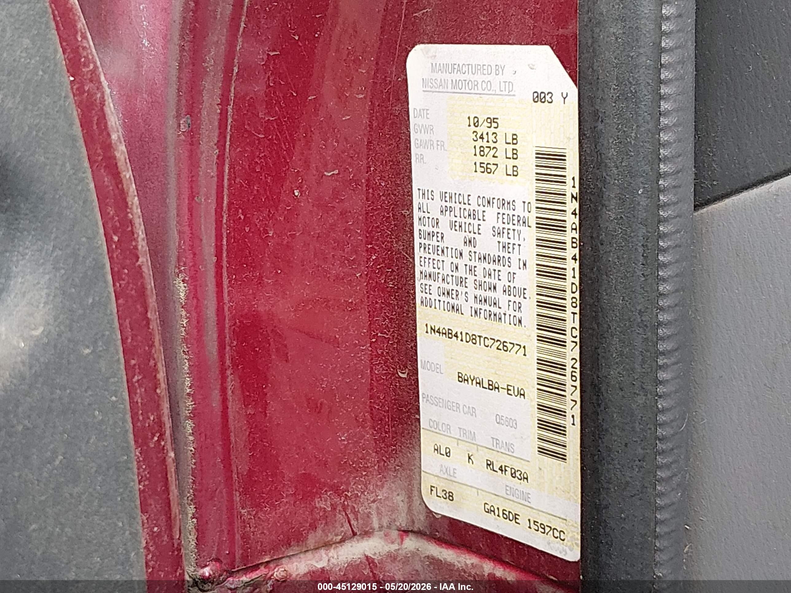 1996 Nissan Sentra E/xe/gxe/gle Red vin: 1N4AB41D8TC726771