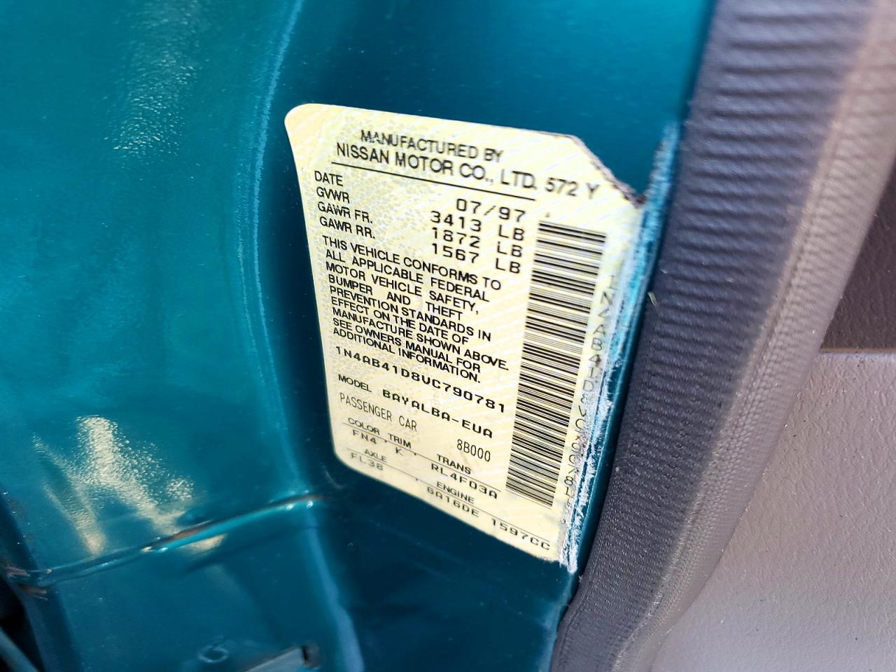 1997 Nissan Sentra Base/xe/gxe/gle Green vin: 1N4AB41D8VC790781