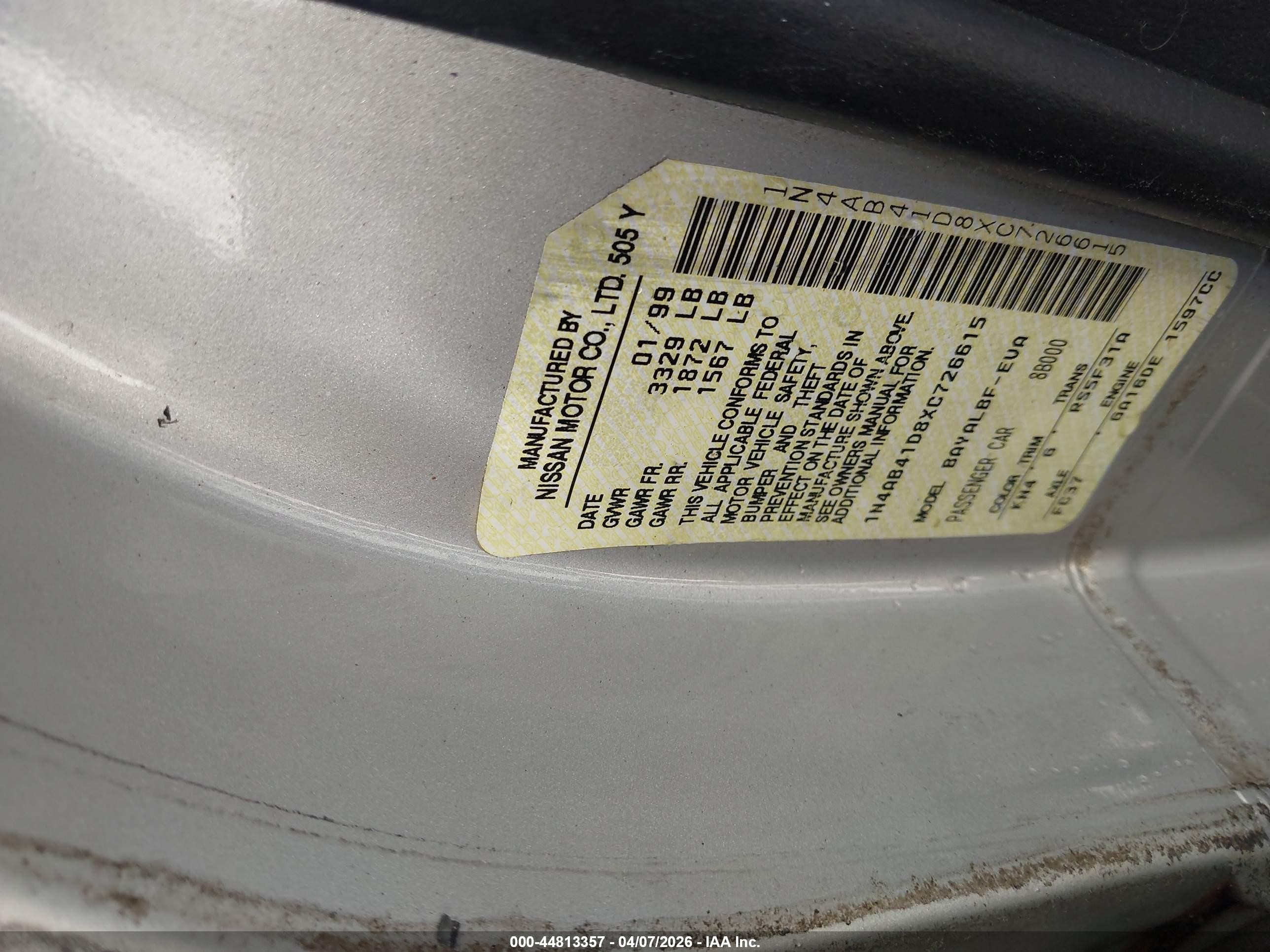 1999 Nissan Sentra Gxe/xe Silver vin: 1N4AB41D8XC726615