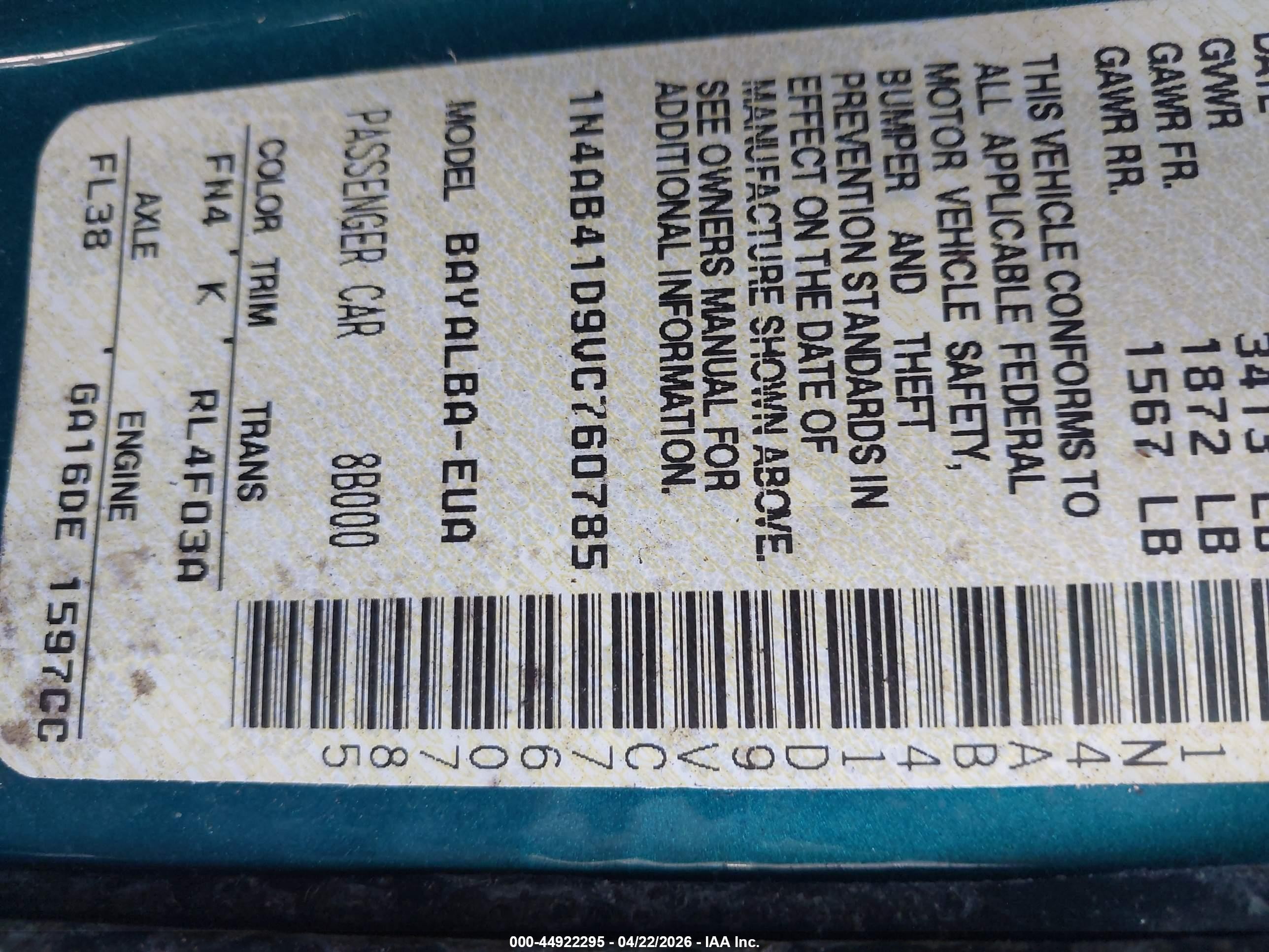 1997 Nissan Sentra Gle/gxe/xe Green vin: 1N4AB41D9VC760785