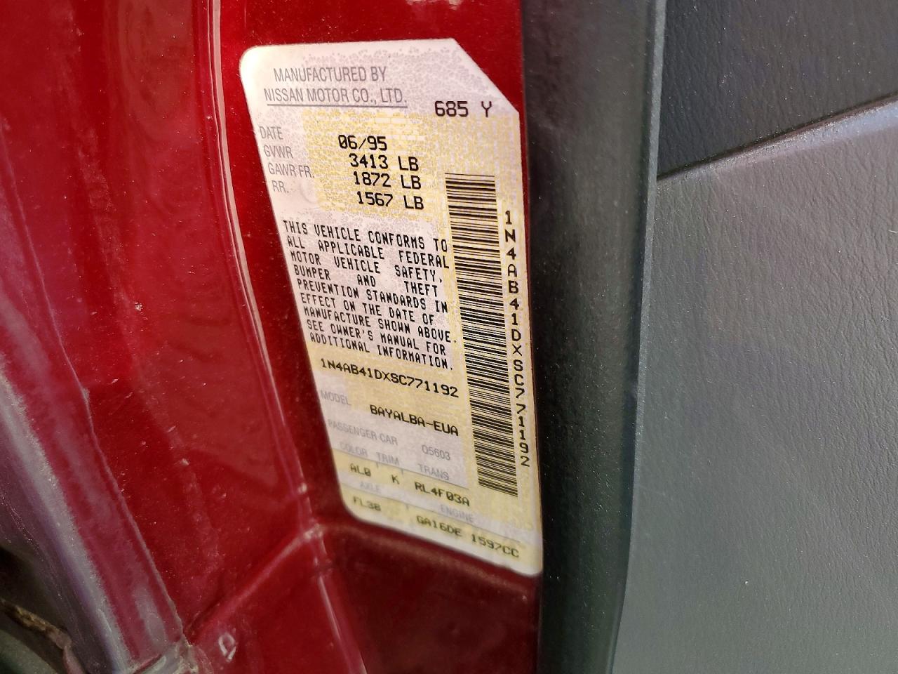 1995 Nissan Sentra Base Maroon vin: 1N4AB41DXSC771192