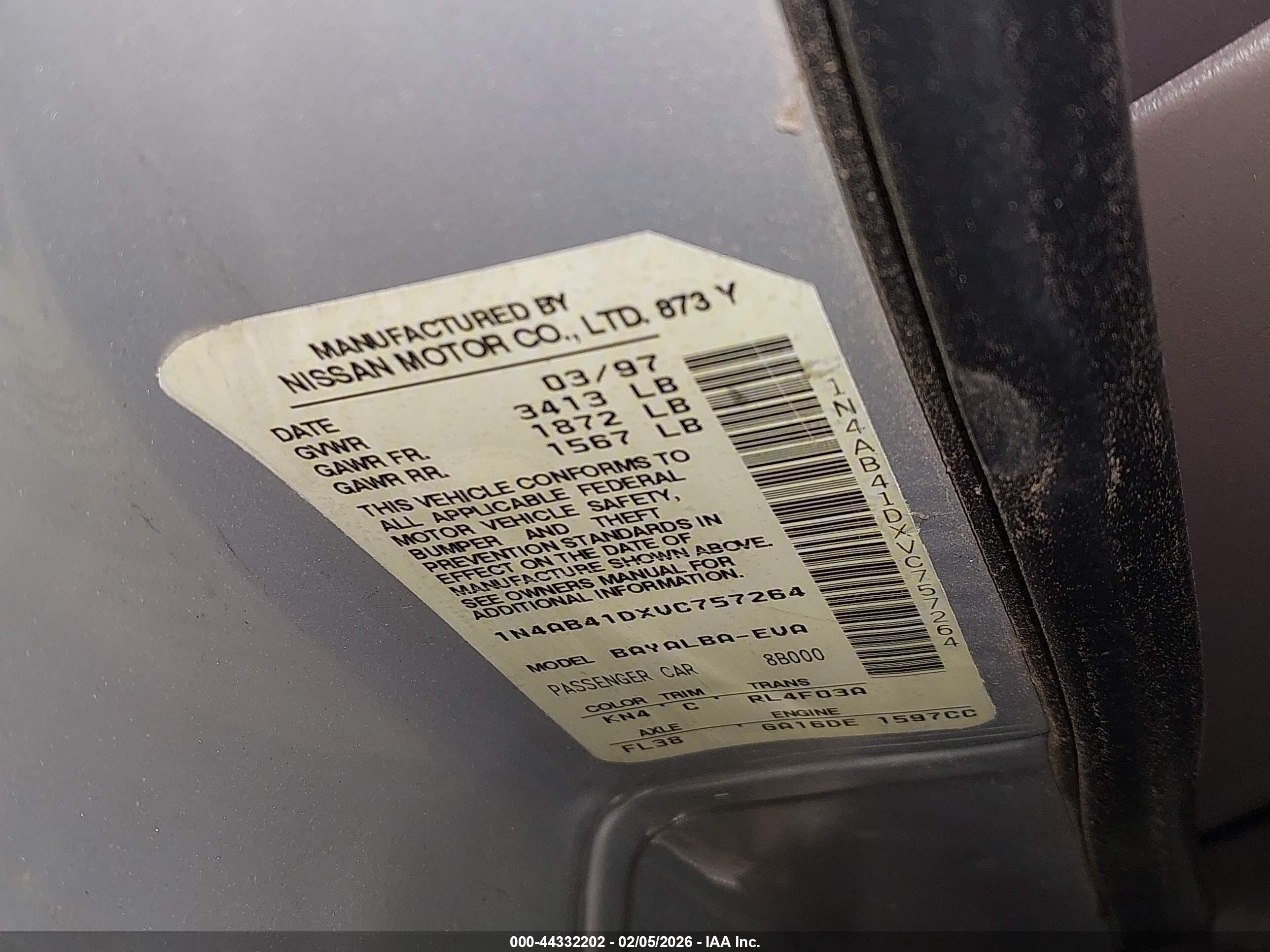 1997 Nissan Sentra Gle/gxe/xe Gray vin: 1N4AB41DXVC757264