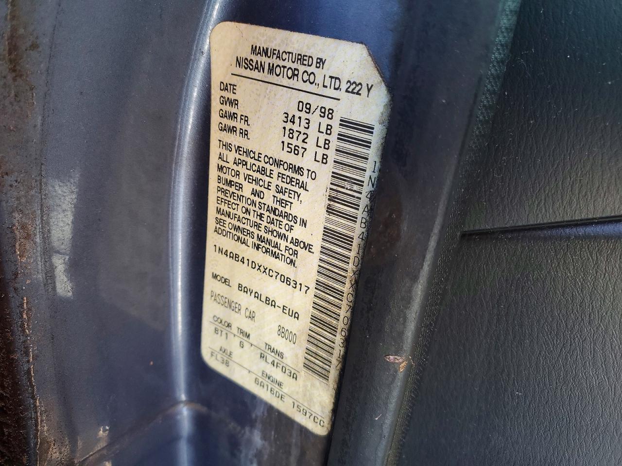 1999 Nissan Sentra Base Blue vin: 1N4AB41DXXC706317