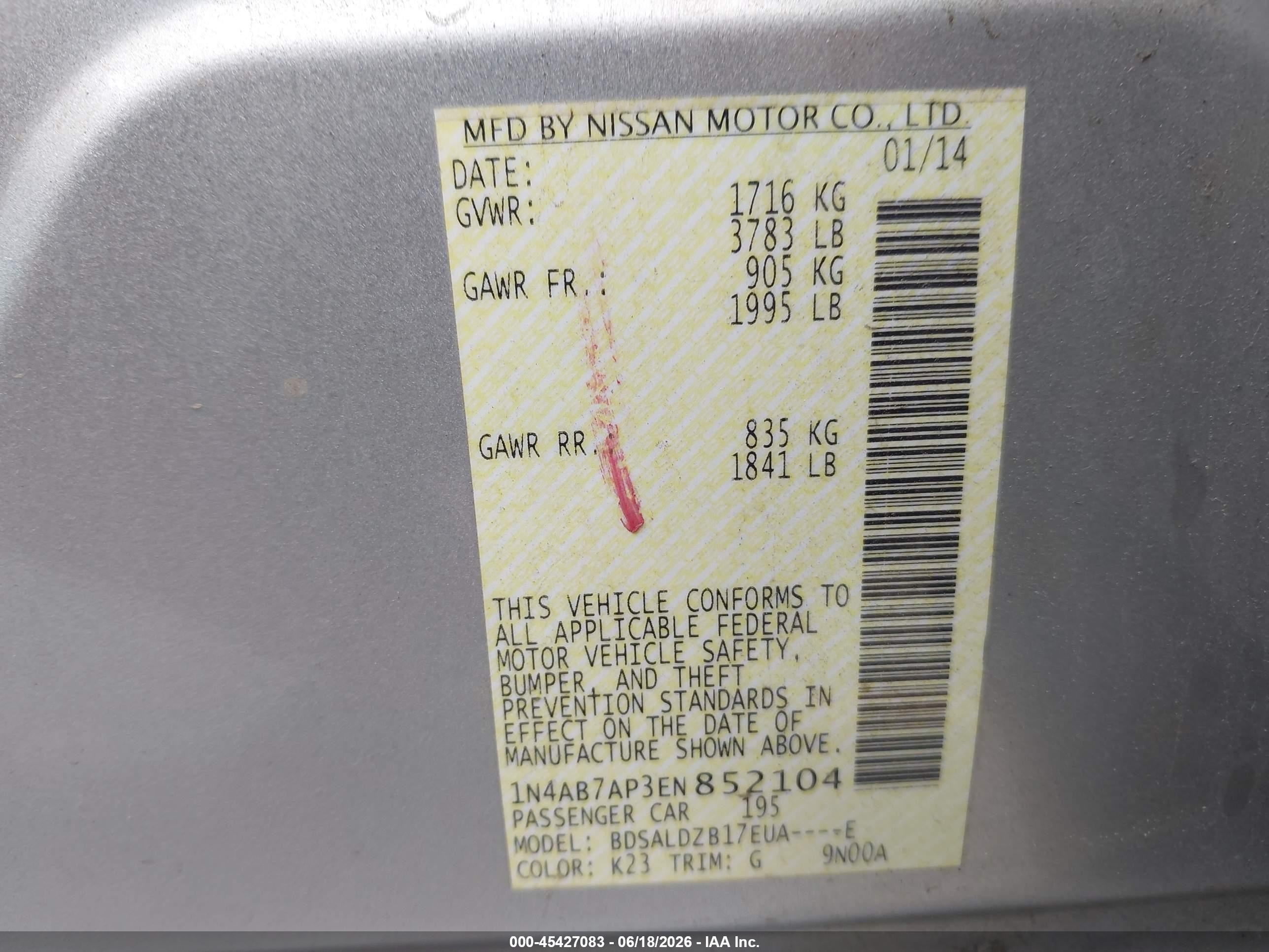 2014 Nissan Sentra Fe+ S/fe+ Sv/s/sl/sr/sv Gray vin: 1N4AB7AP3EN852104