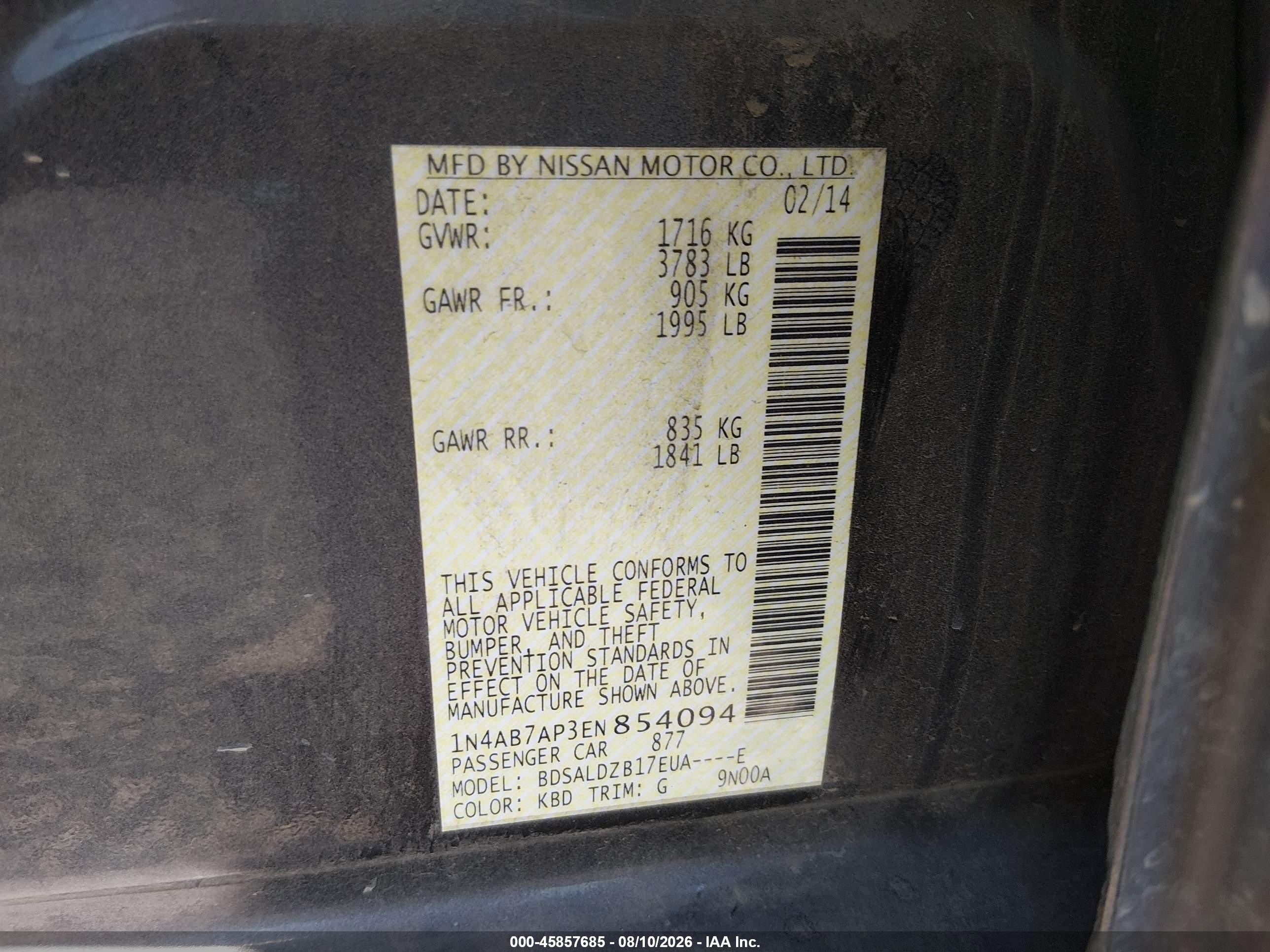 2014 Nissan Sentra Fe+ S/fe+ Sv/s/sl/sr/sv Gray vin: 1N4AB7AP3EN854094