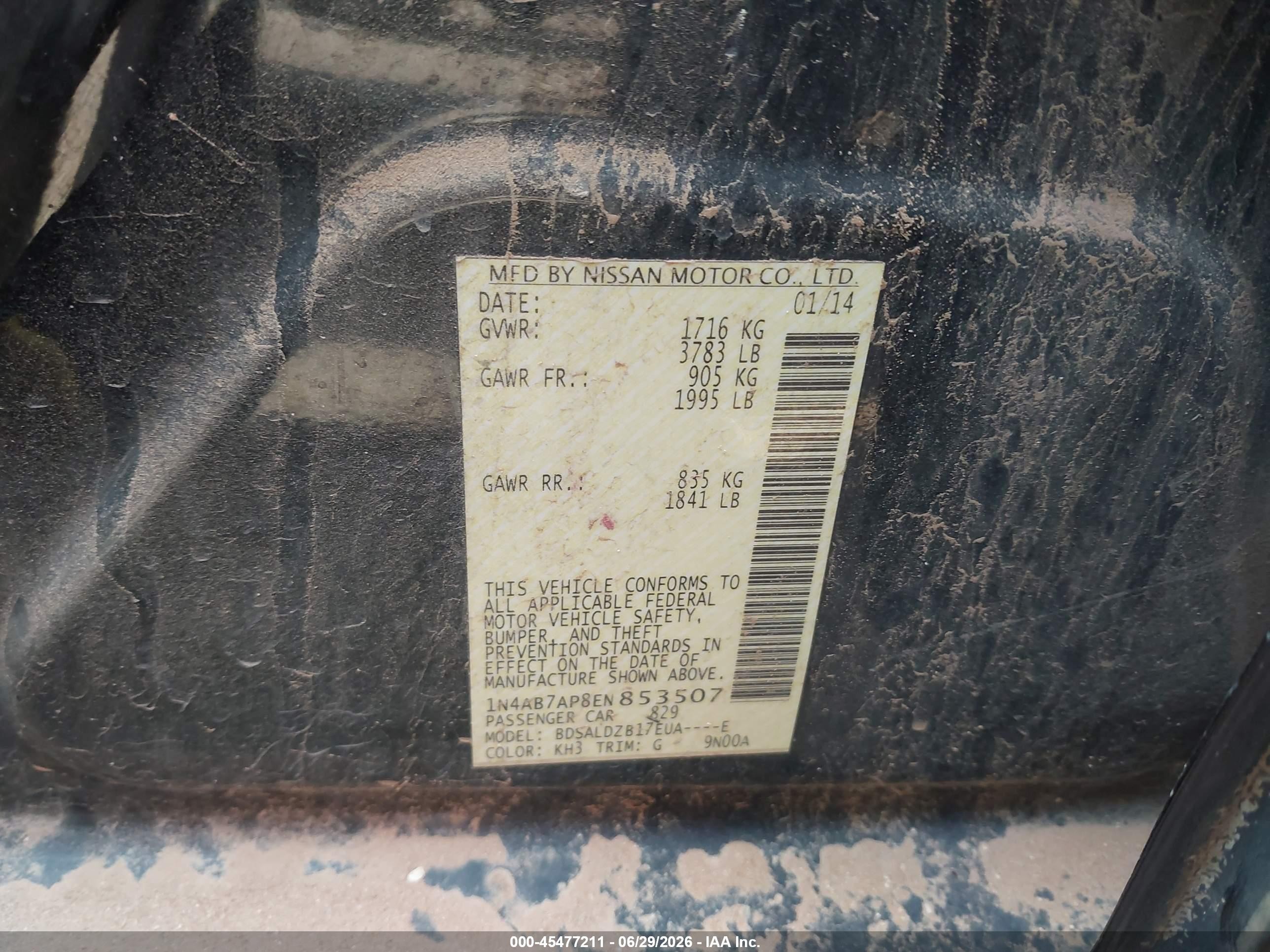 2014 Nissan Sentra Fe+ S/fe+ Sv/s/sl/sr/sv Черный vin: 1N4AB7AP8EN853507