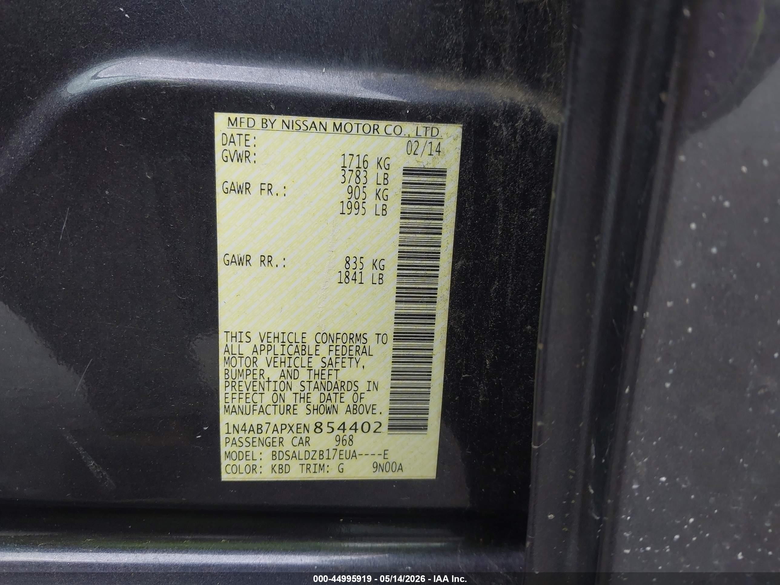 2014 Nissan Sentra Fe+ S/fe+ Sv/s/sl/sr/sv Gray vin: 1N4AB7APXEN854402