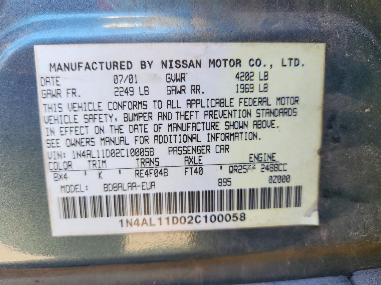 2002 Nissan Altima 2.5 Teal vin: 1N4AL11D02C100058