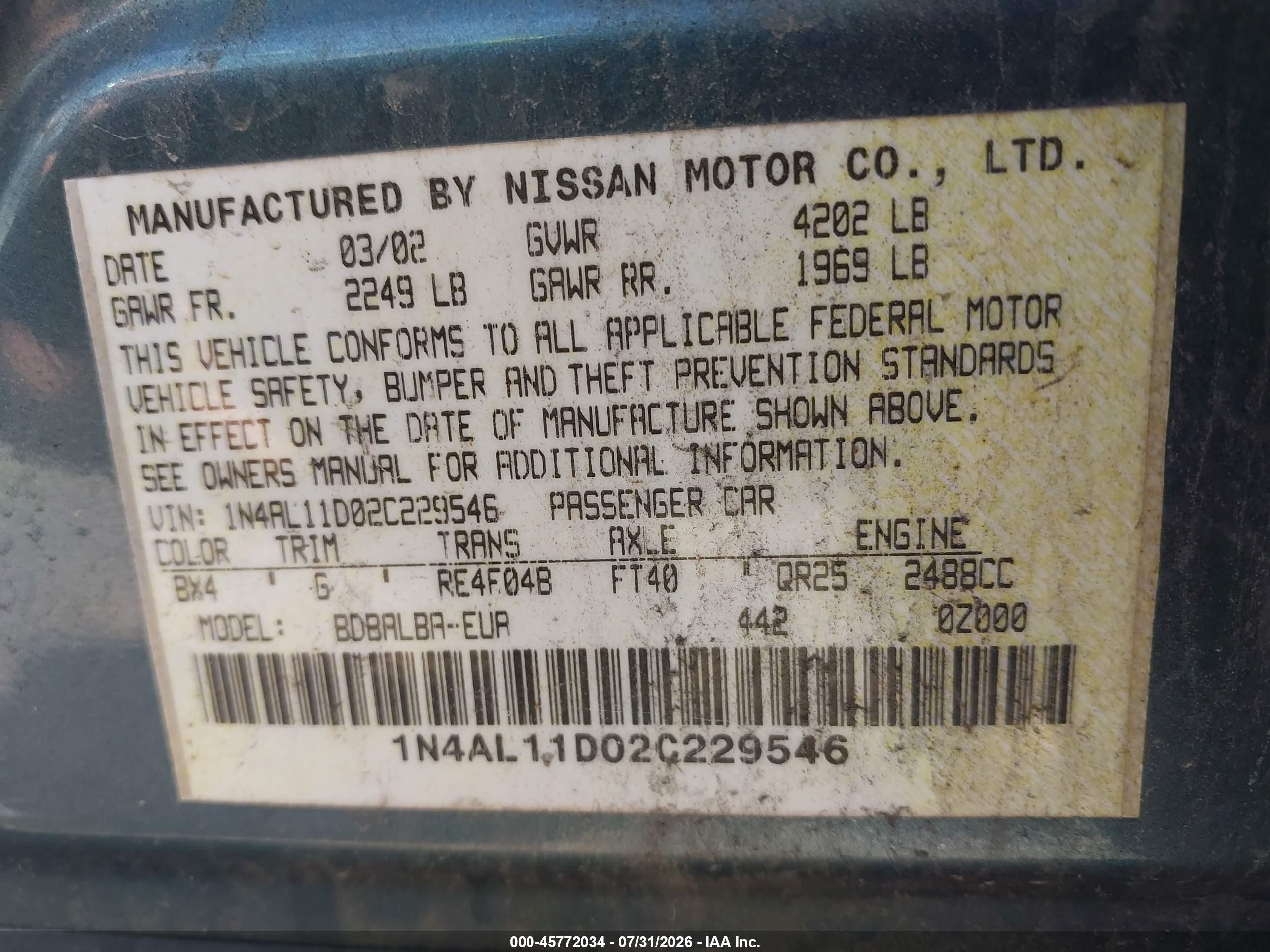 2002 Nissan Altima 2.5 S Blue vin: 1N4AL11D02C229546