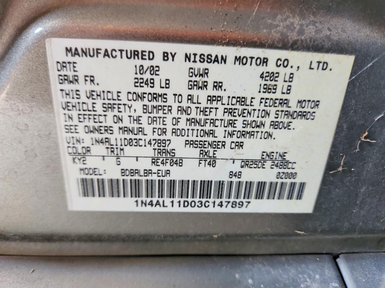 2003 Nissan Altima 2.5 Gray vin: 1N4AL11D03C147897