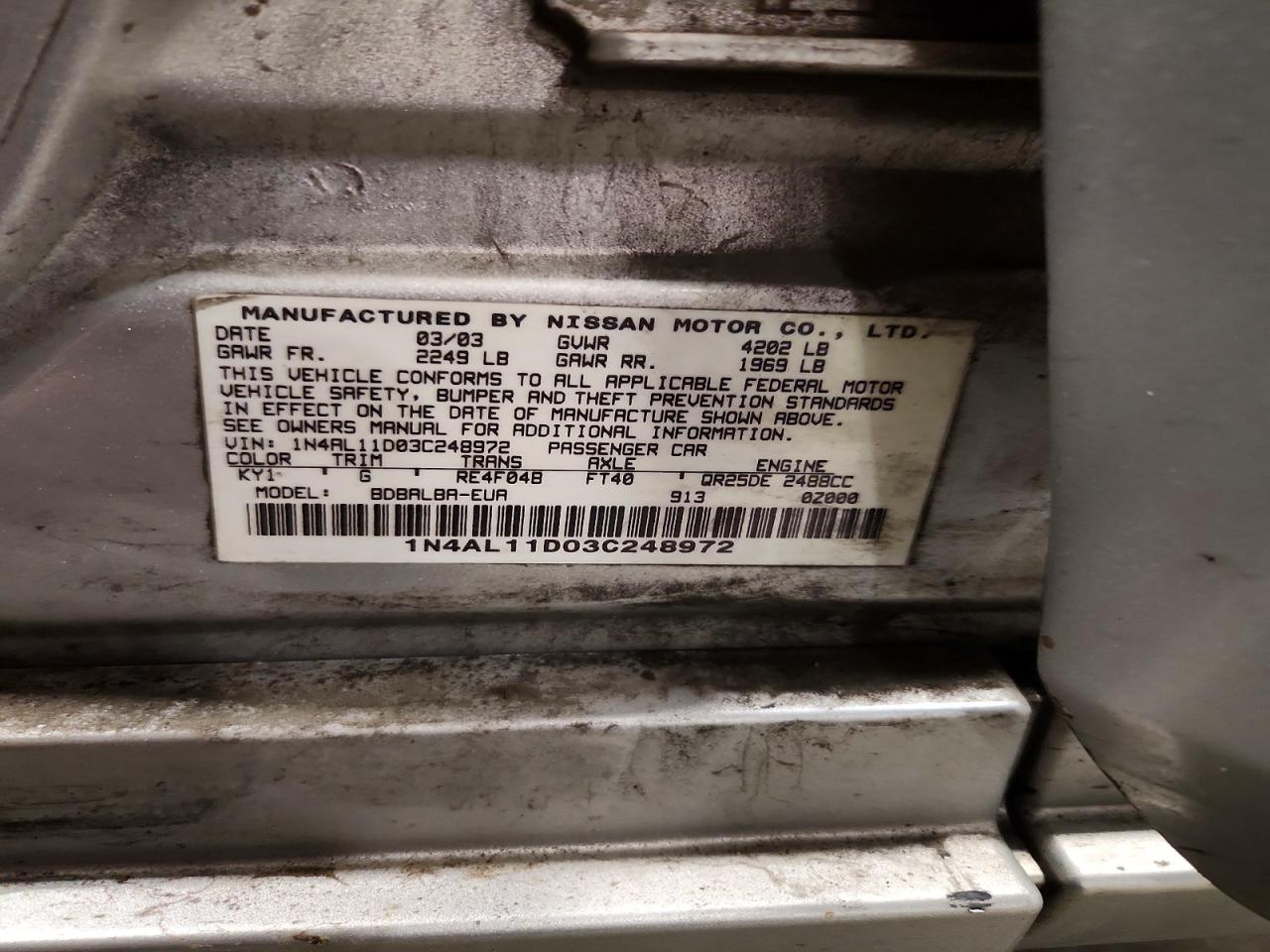 2003 Nissan Altima 2.5 Silver vin: 1N4AL11D03C248972