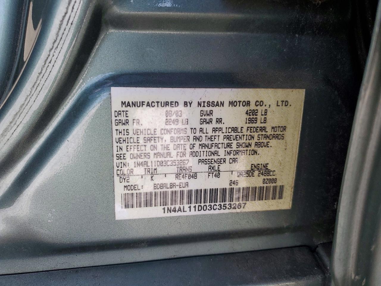 2003 Nissan Altima 2.5 Green vin: 1N4AL11D03C353267