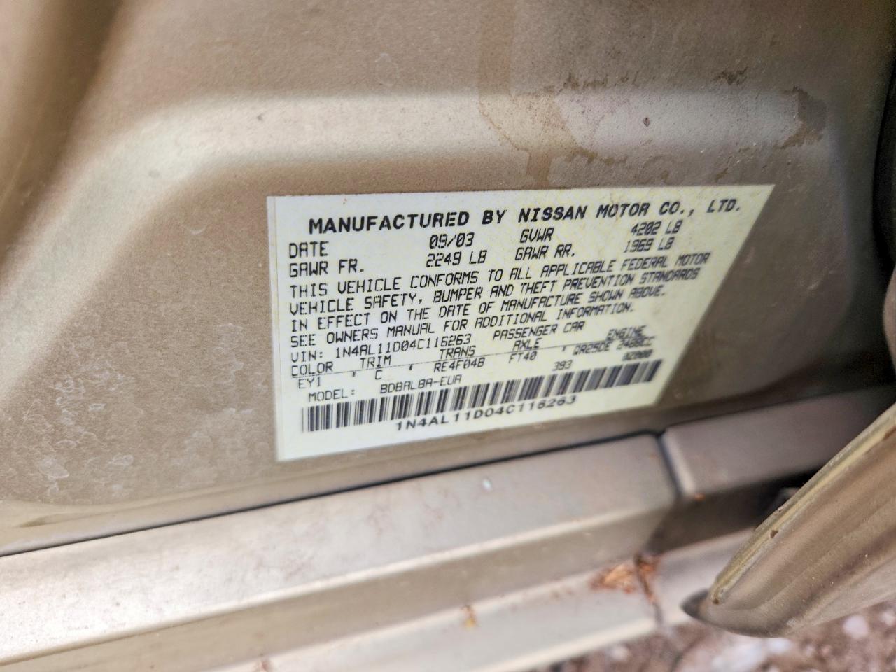 2004 Nissan Altima Base/s/sl Gold vin: 1N4AL11D04C116263