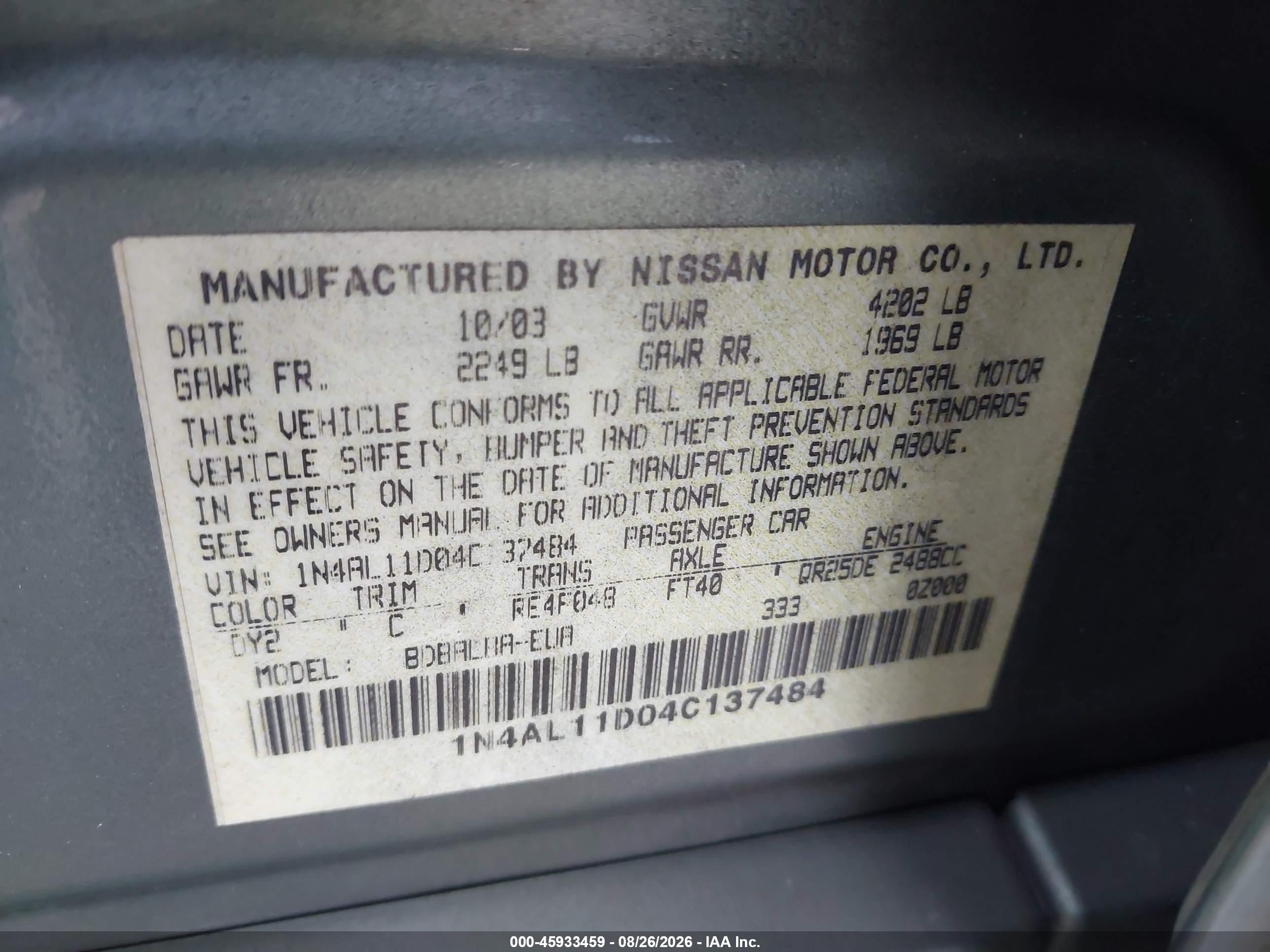 2004 Nissan Altima 2.5 S Gray vin: 1N4AL11D04C137484