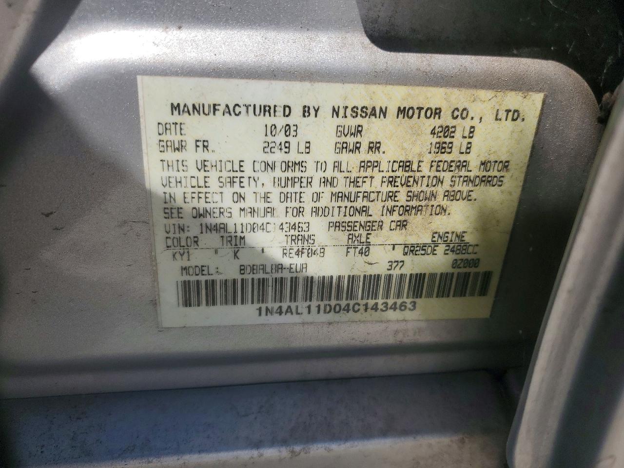 2004 Nissan Altima 2.5 Silver vin: 1N4AL11D04C143463
