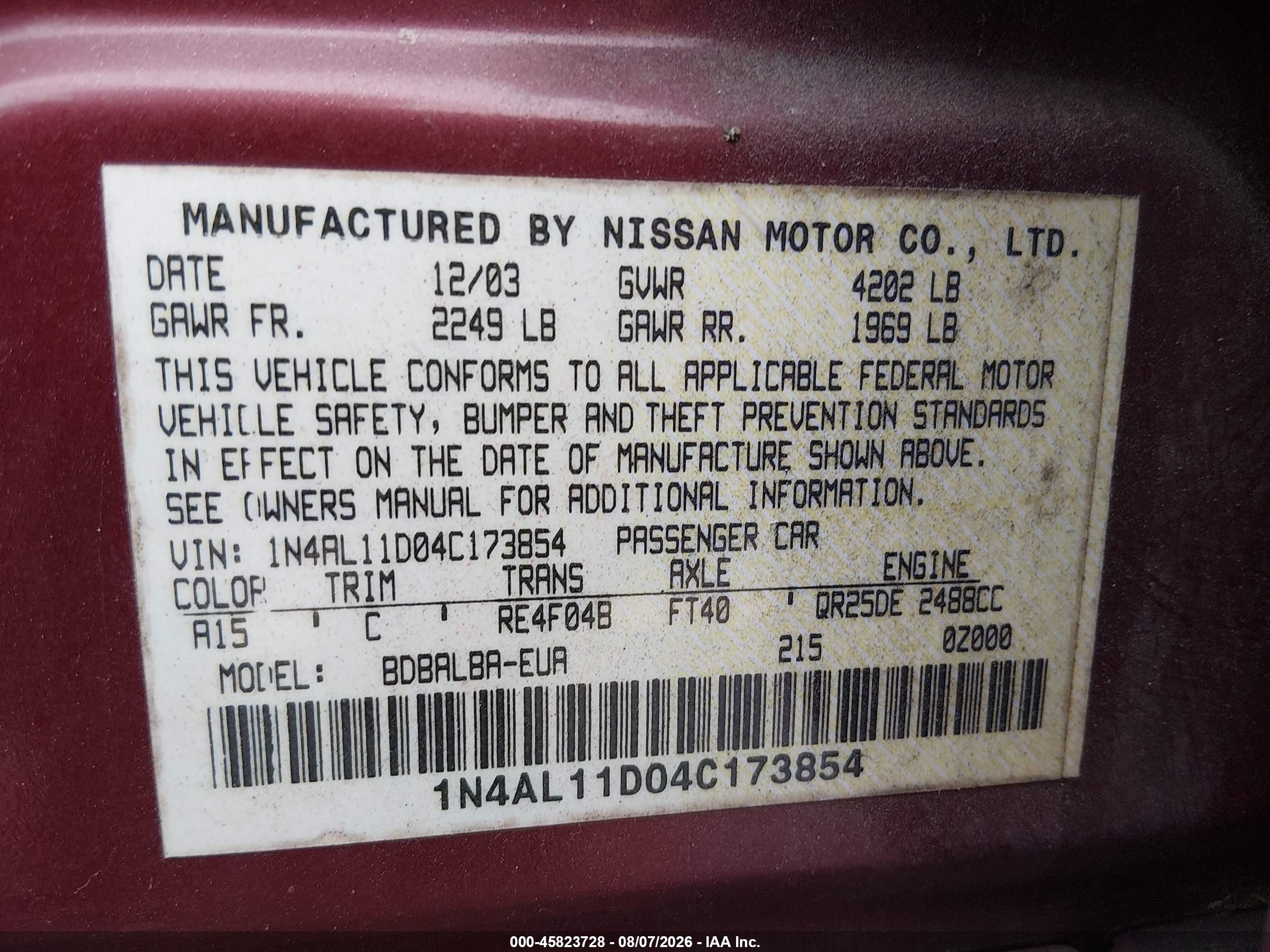 2004 Nissan Altima 2.5 S Red vin: 1N4AL11D04C173854