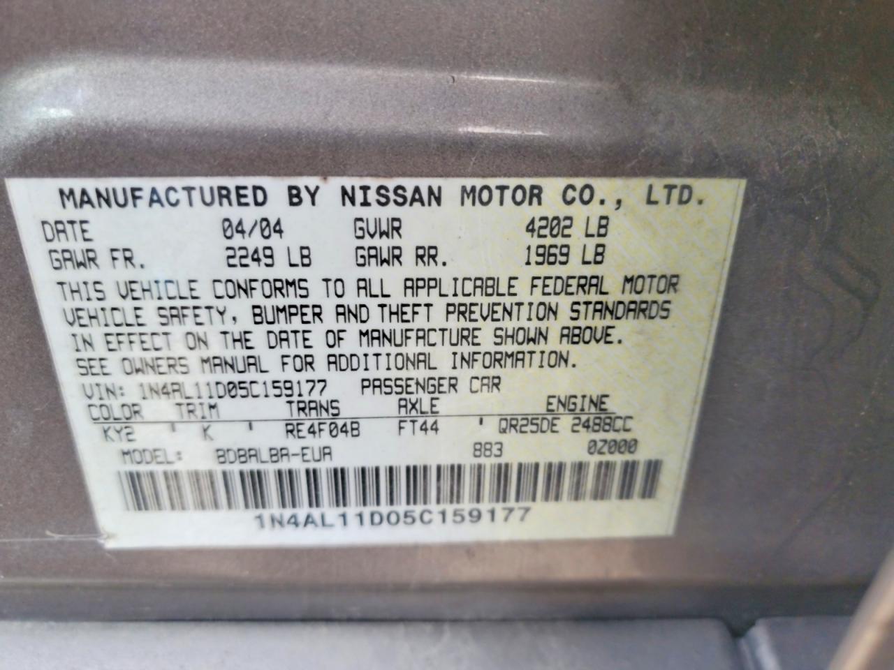 2005 Nissan Altima 2.5 Tan vin: 1N4AL11D05C159177