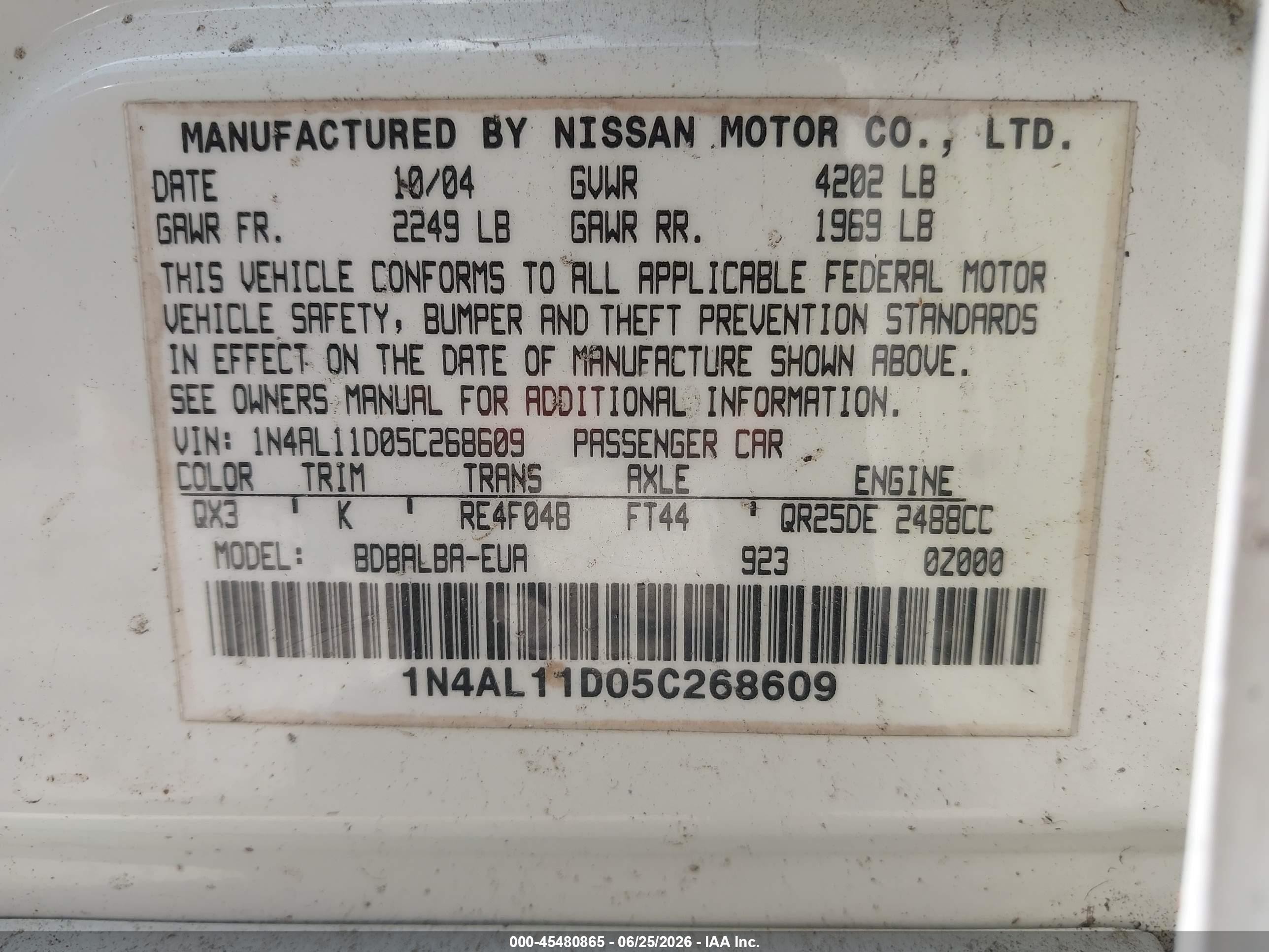 2005 Nissan Altima 2.5 S White vin: 1N4AL11D05C268609