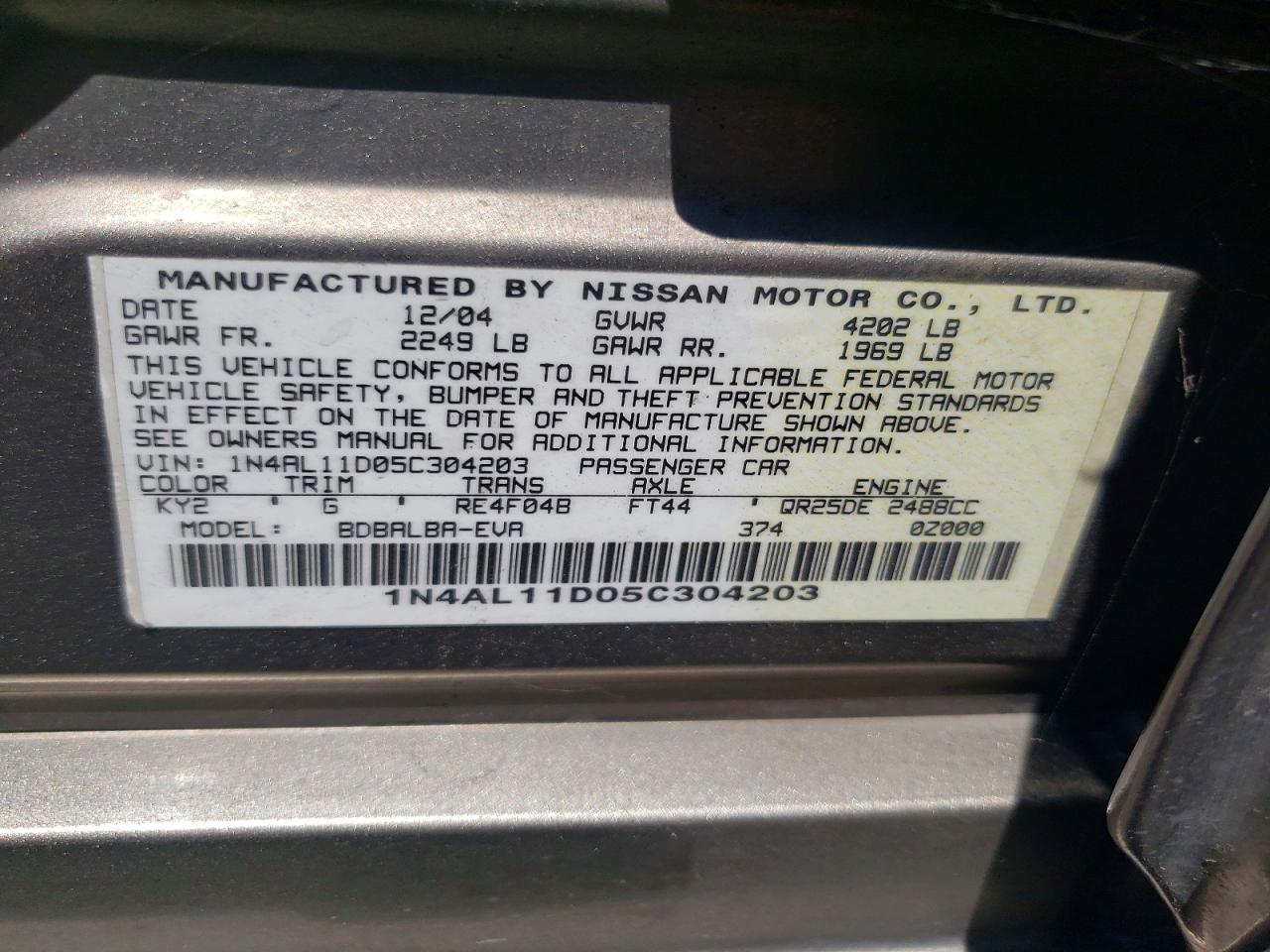 2005 Nissan Altima 2.5 Tan vin: 1N4AL11D05C304203