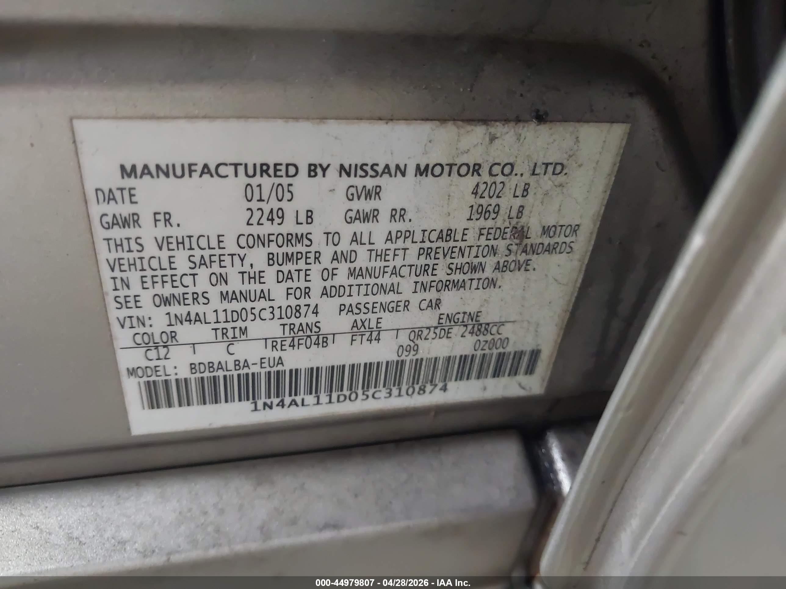 2005 Nissan Altima 2.5 S Серебряный vin: 1N4AL11D05C310874