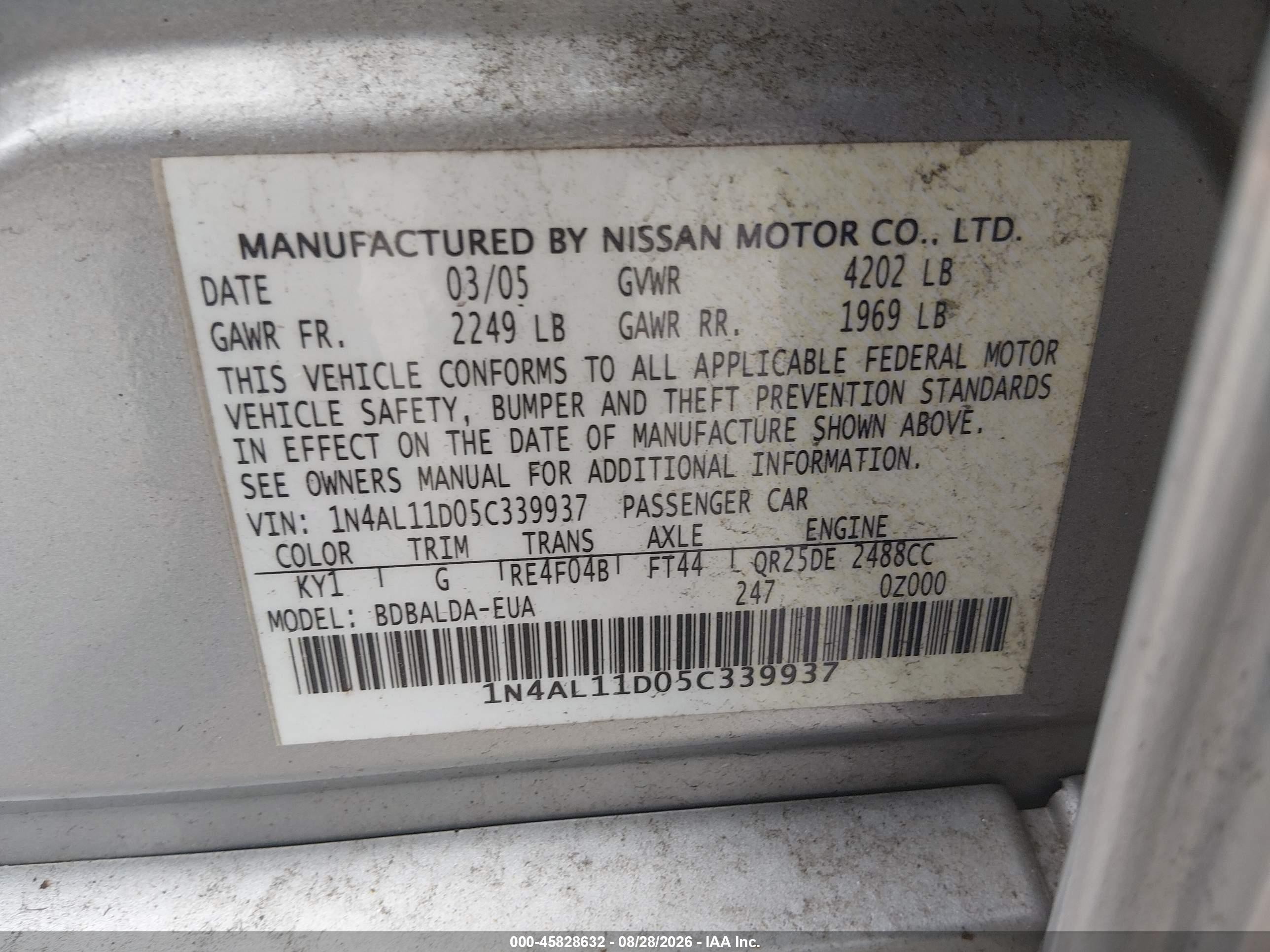 2005 Nissan Altima 2.5 S Серый vin: 1N4AL11D05C339937