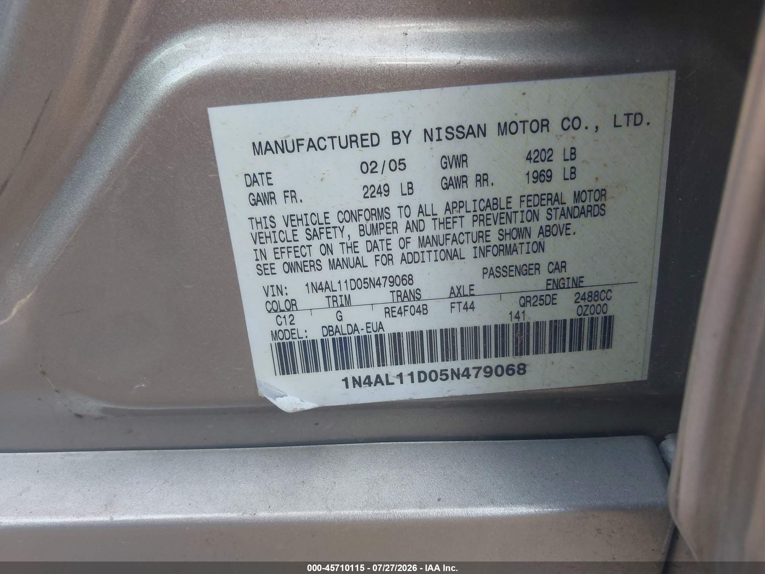 2005 Nissan Altima 2.5 S Silver vin: 1N4AL11D05N479068