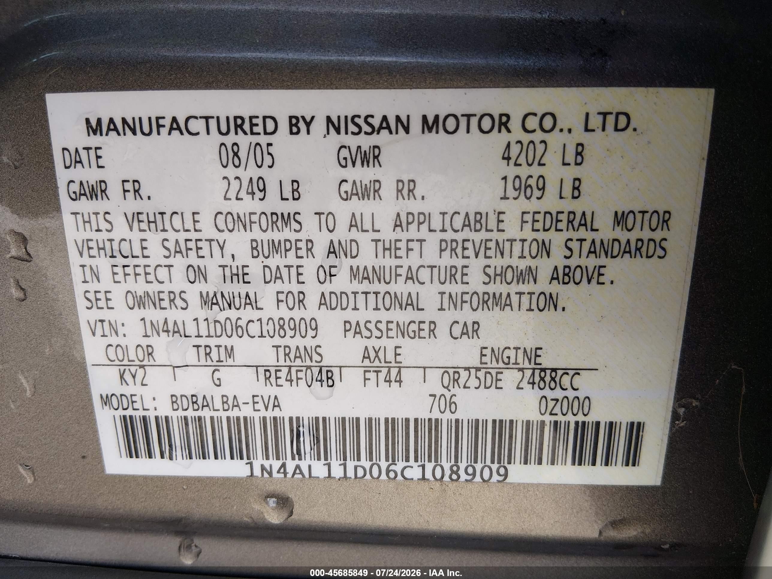 2006 Nissan Altima 2.5 S Brown vin: 1N4AL11D06C108909