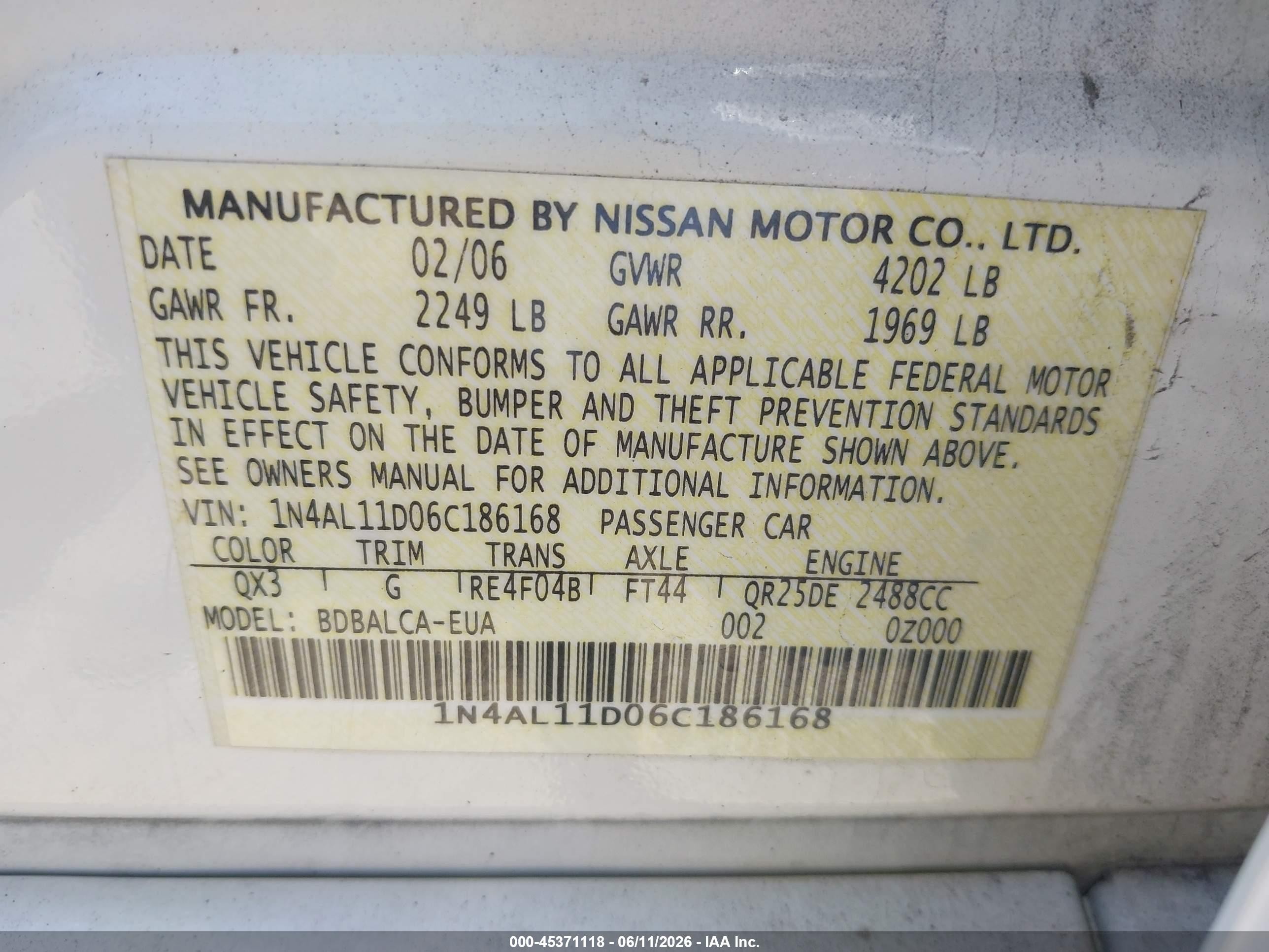 2006 Nissan Altima 2.5 S Белый vin: 1N4AL11D06C186168