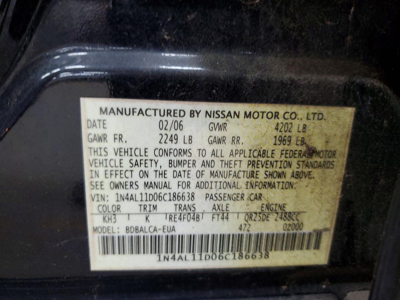 2006 Nissan Altima 2.5 Black vin: 1N4AL11D06C186638