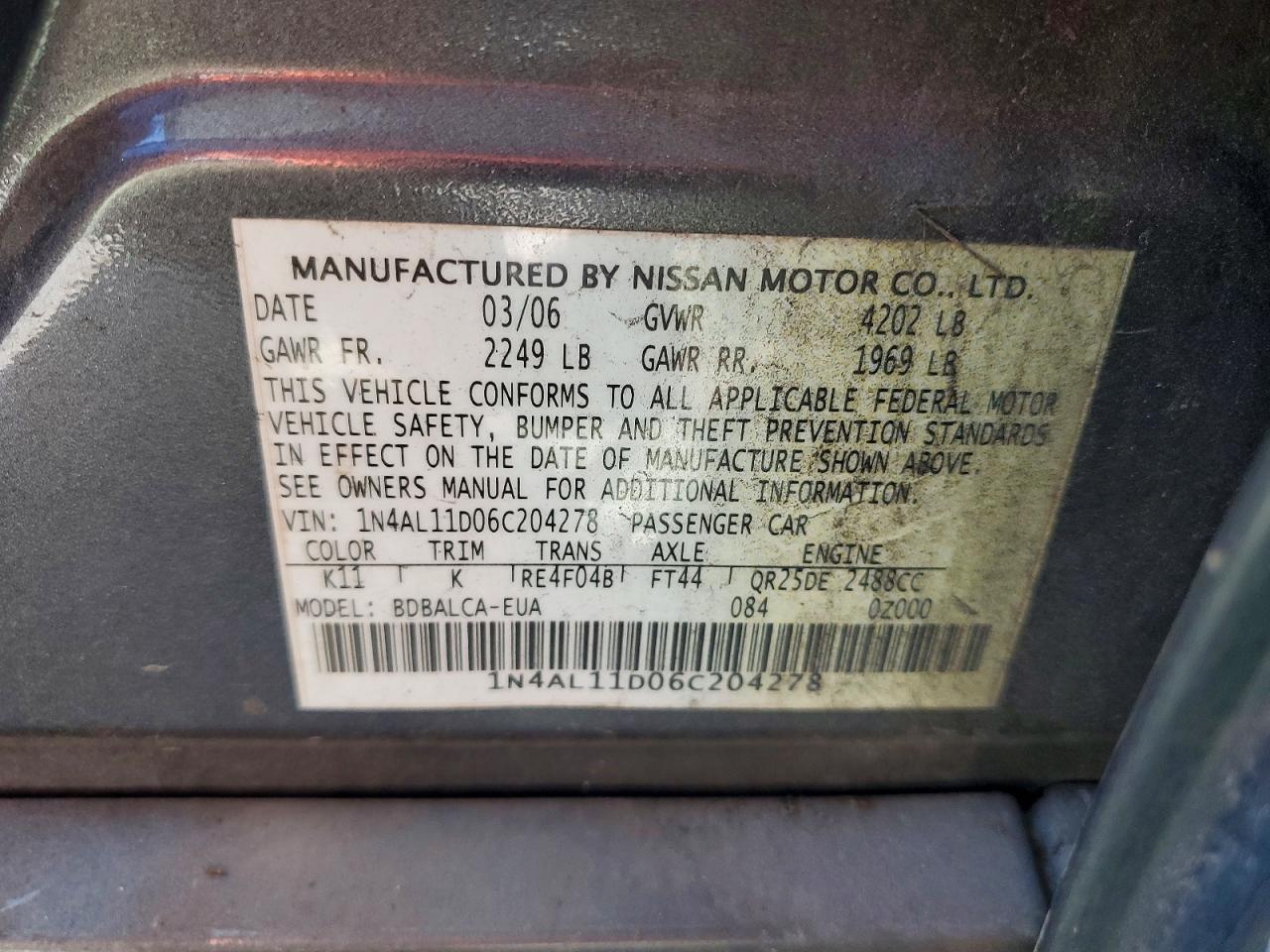 2006 Nissan Altima 2.5 Gray vin: 1N4AL11D06C204278