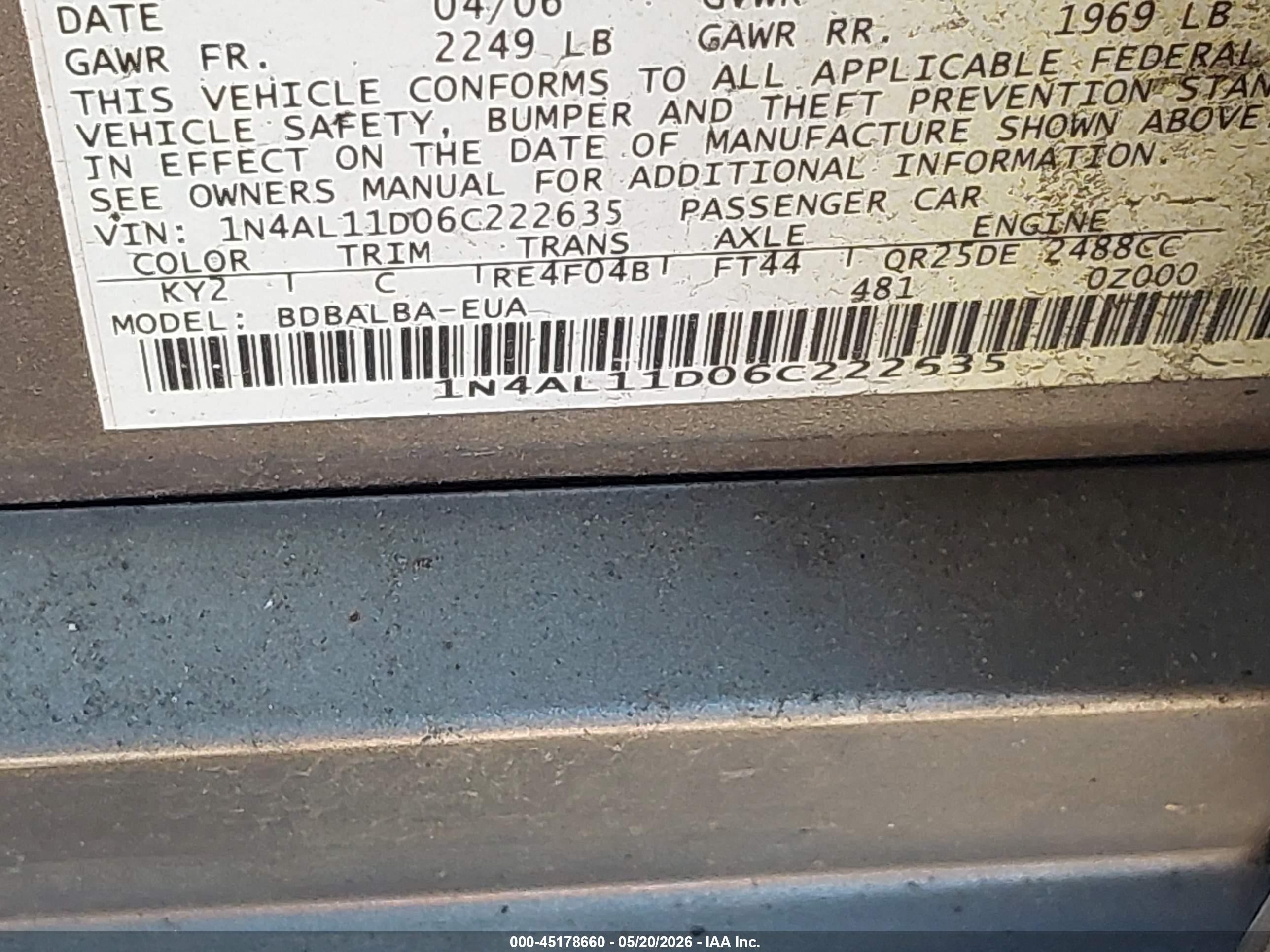 2006 Nissan Altima 2.5 S Gray vin: 1N4AL11D06C222635