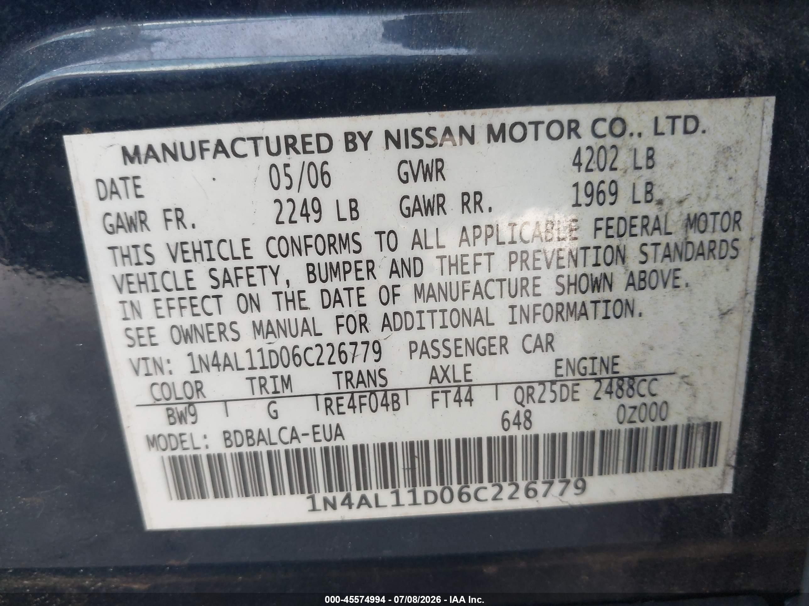 2006 Nissan Altima 2.5 S Blue vin: 1N4AL11D06C226779