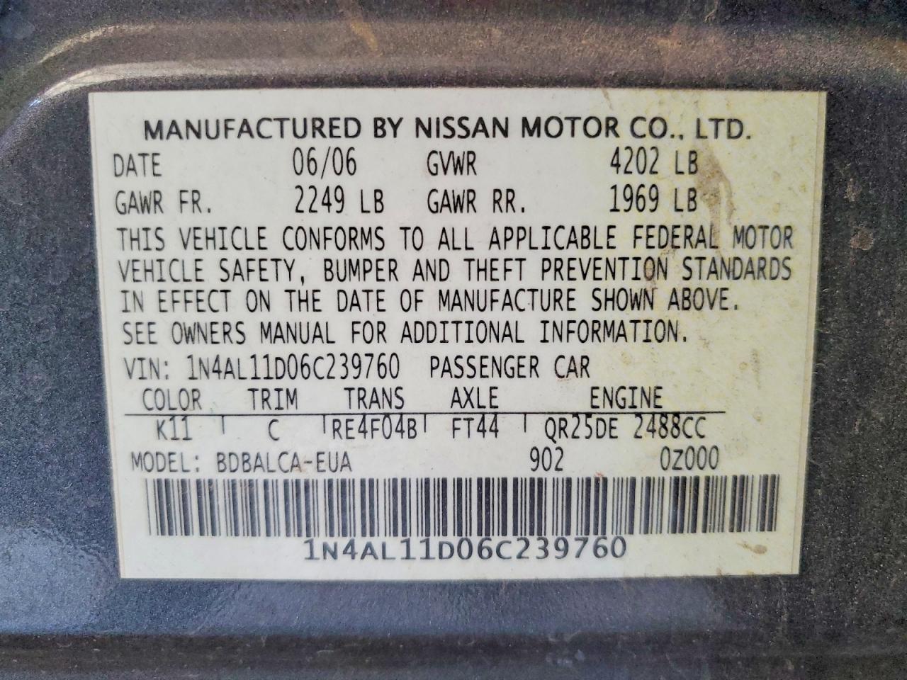 2006 Nissan Altima 2.5 Gray vin: 1N4AL11D06C239760