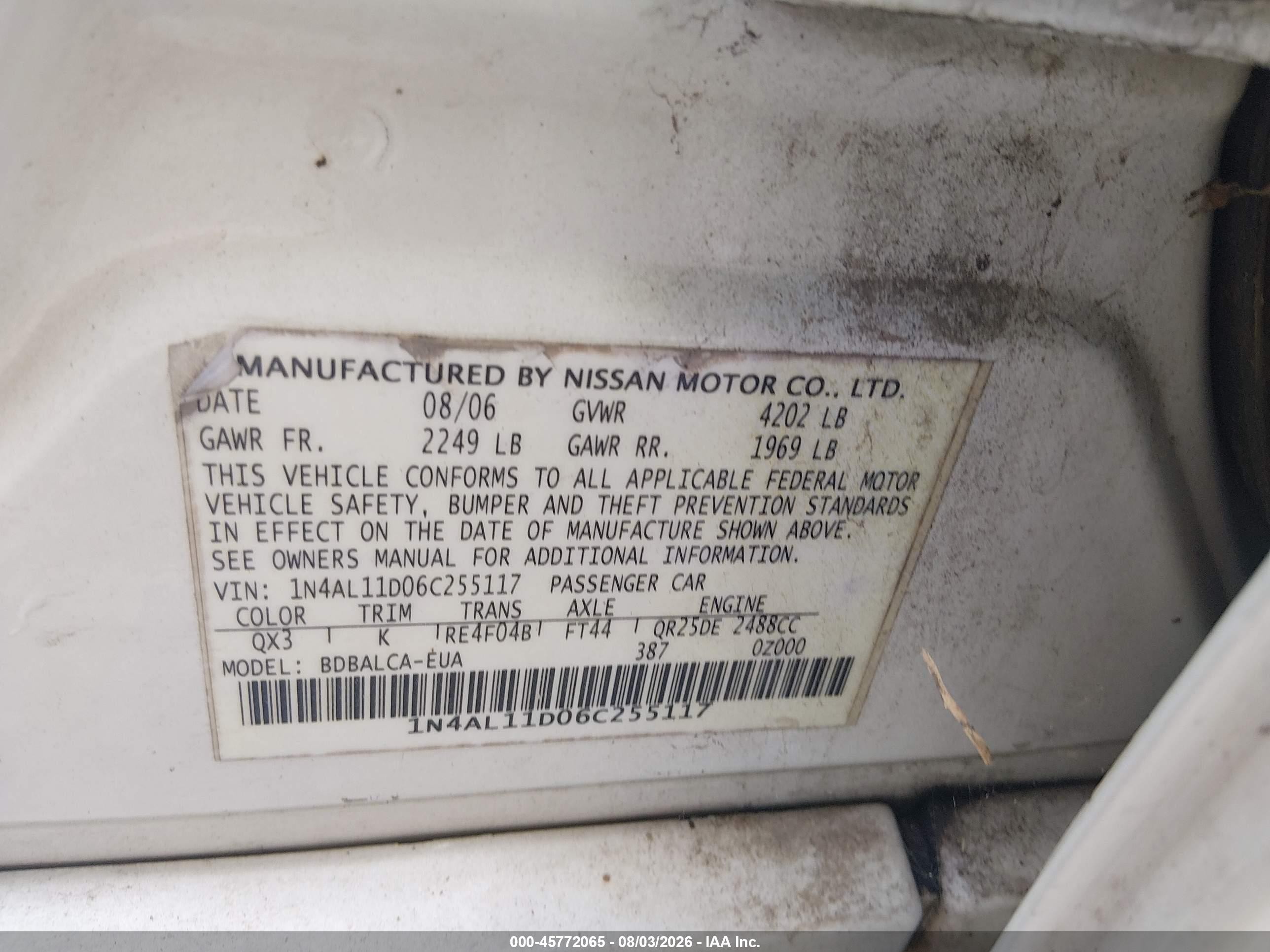 2006 Nissan Altima 2.5 S White vin: 1N4AL11D06C255117