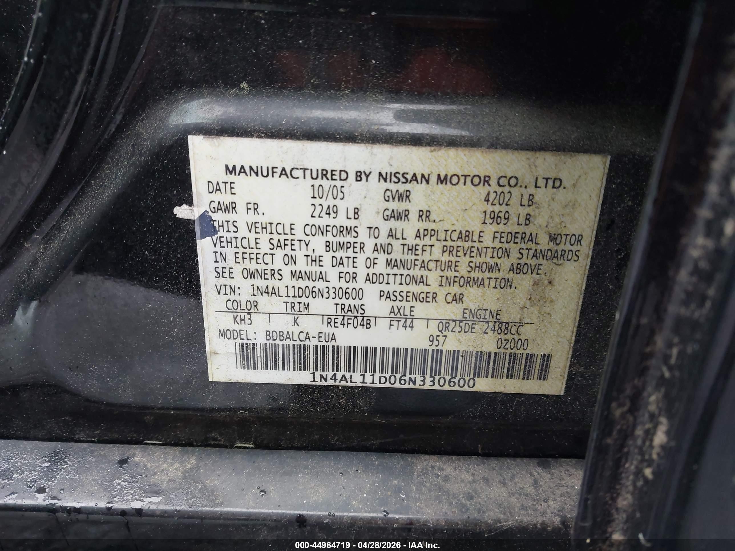 2006 Nissan Altima 2.5 S Black vin: 1N4AL11D06N330600