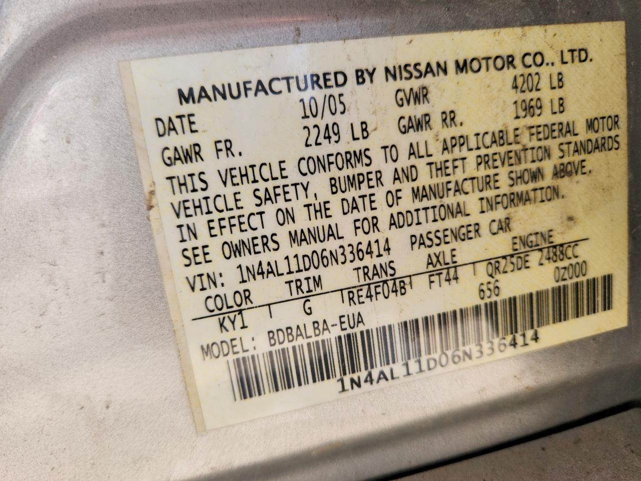 2006 Nissan Altima 2.5 Silver vin: 1N4AL11D06N336414