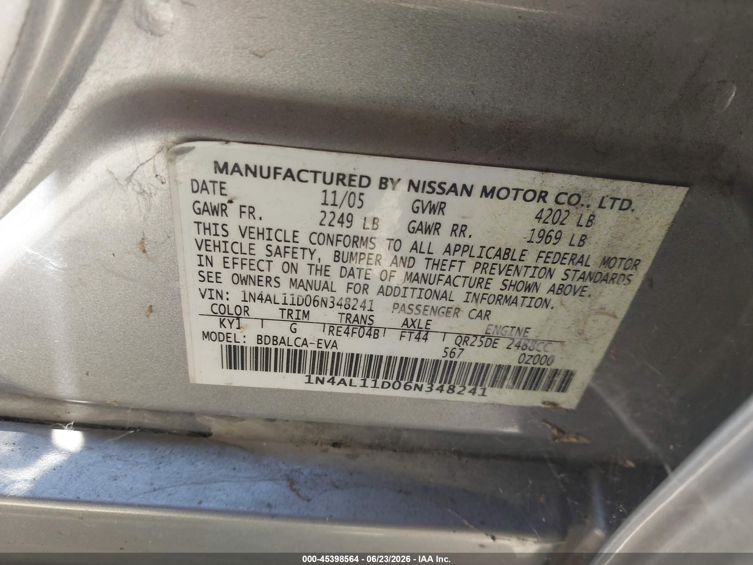 2006 Nissan Altima 2.5 S Silver vin: 1N4AL11D06N348241