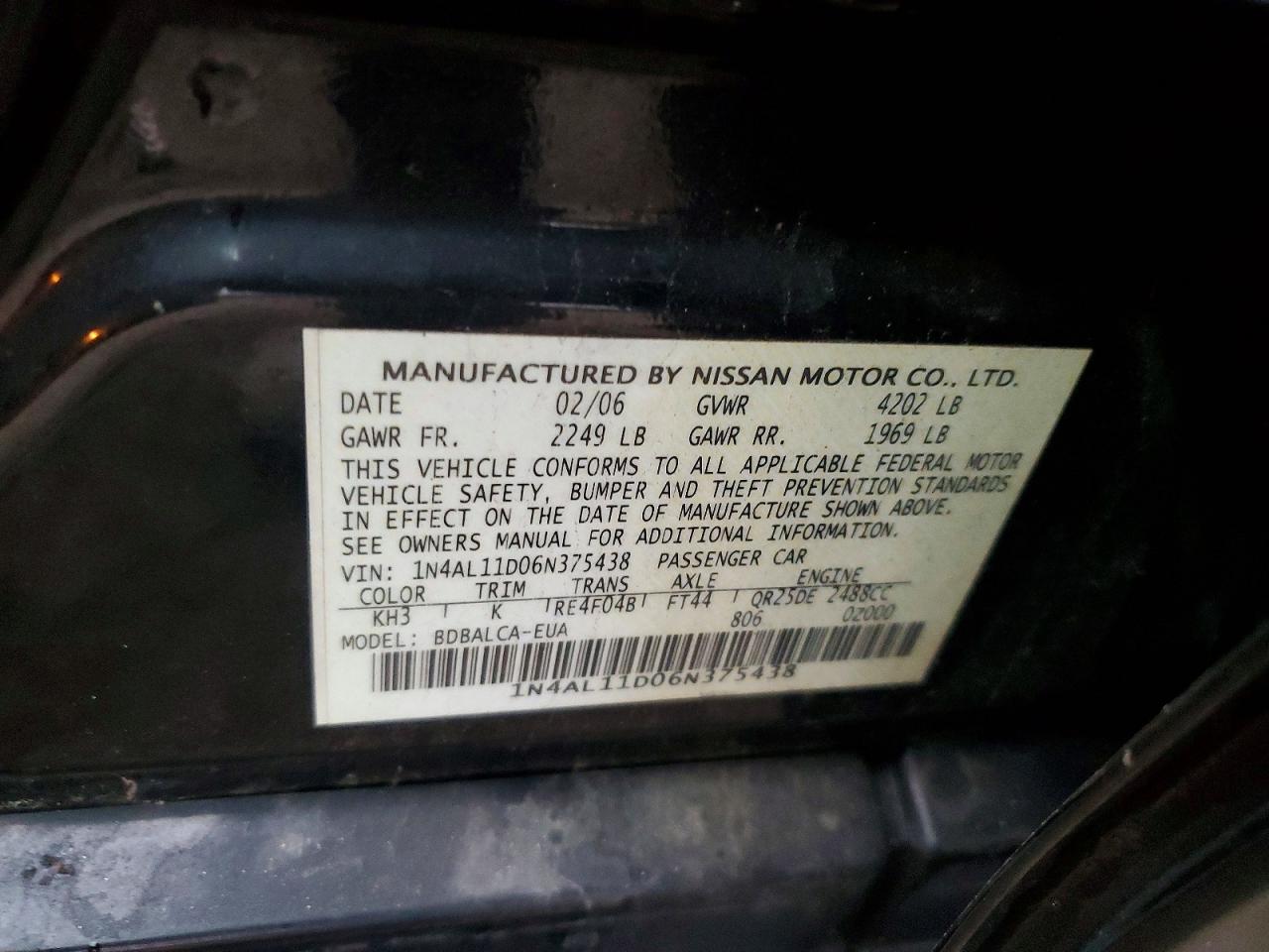 2006 Nissan Altima S Black vin: 1N4AL11D06N375438
