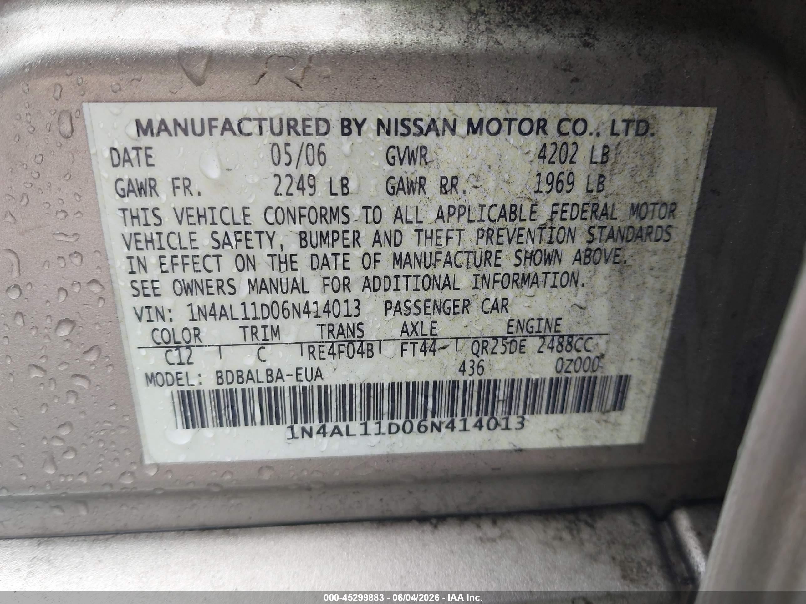 2006 Nissan Altima 2.5 S Brown vin: 1N4AL11D06N414013