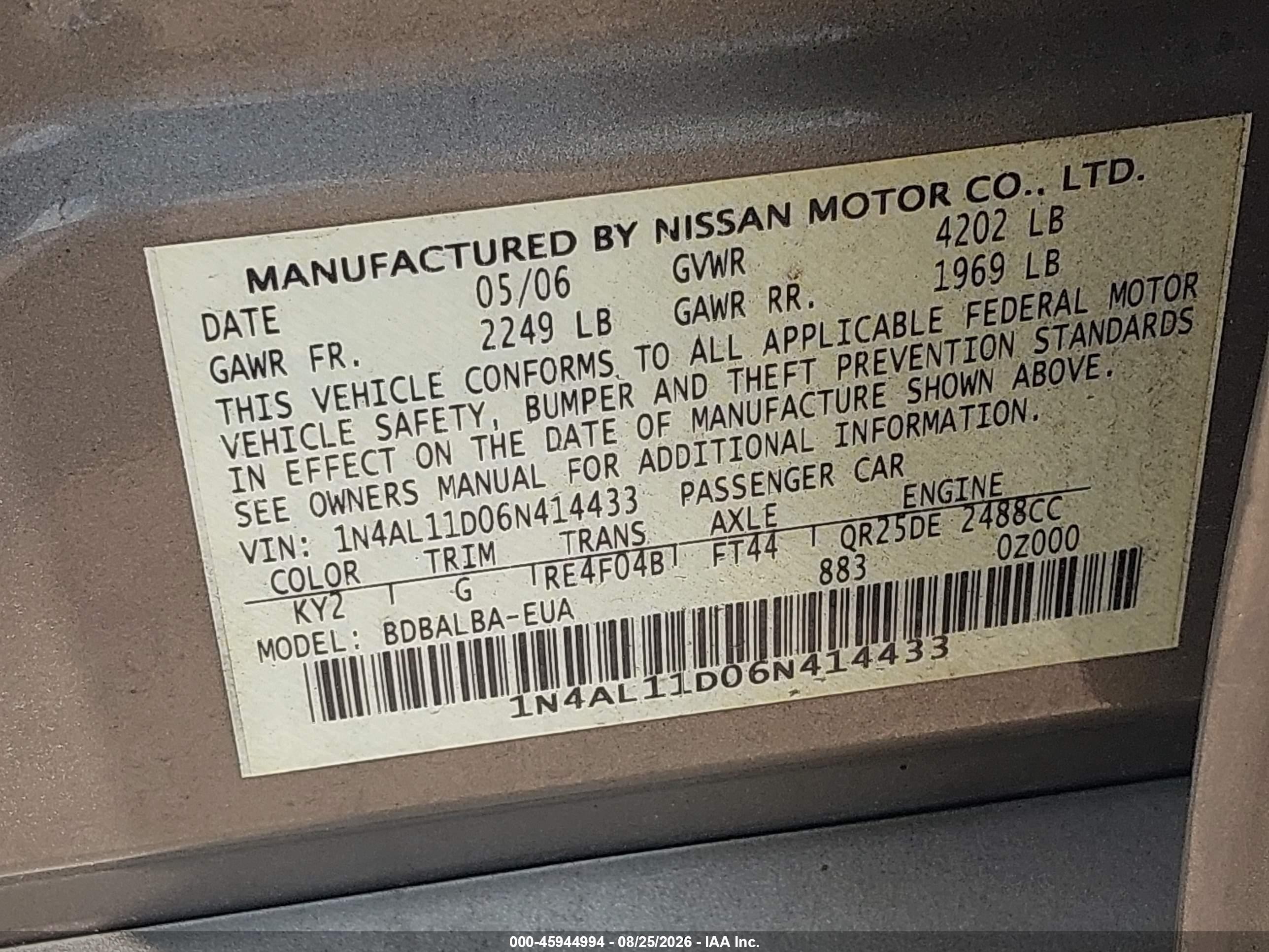 2006 Nissan Altima 2.5 S Champagne vin: 1N4AL11D06N414433