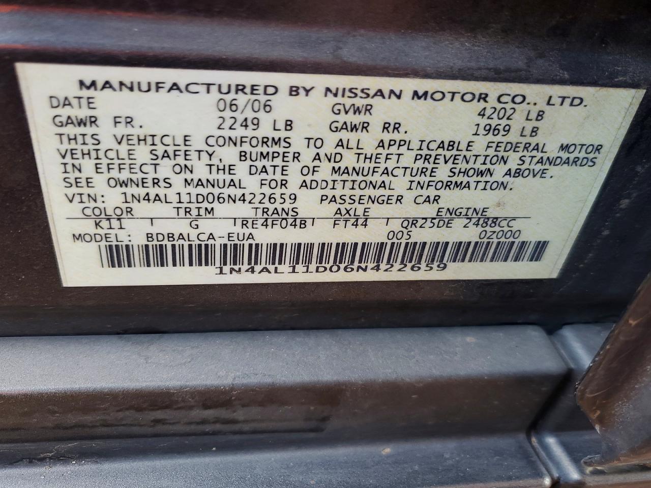 2006 Nissan Altima 2.5 Gray vin: 1N4AL11D06N422659