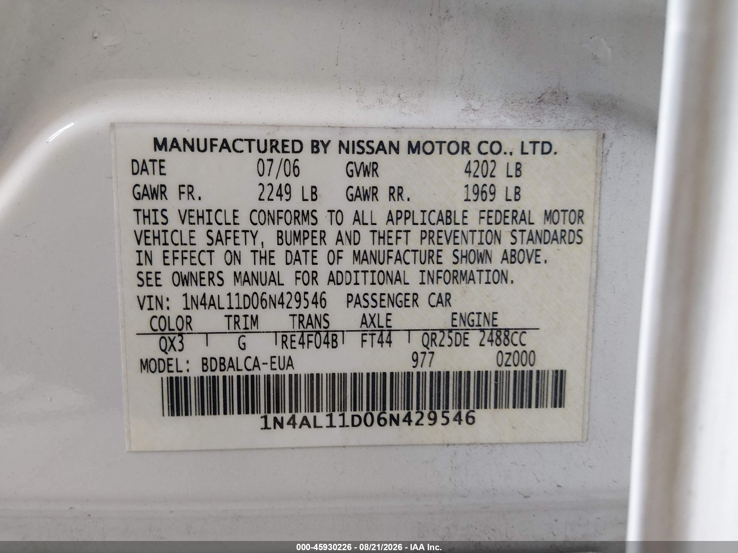 2006 Nissan Altima 2.5 S White vin: 1N4AL11D06N429546