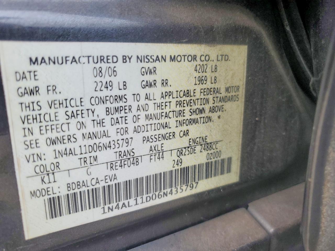 2006 Nissan Altima 2.5 Серый vin: 1N4AL11D06N435797
